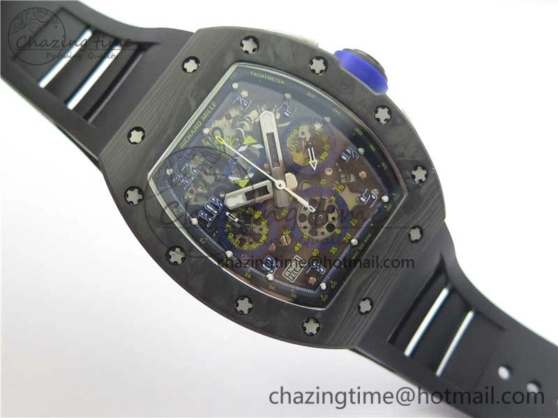 RM011 Titanium Case Carbon Bezel Chronograph KVF 1:1 Best Edition Skeleton Dial Blue Crown on Black Rubber Strap A7750 V2