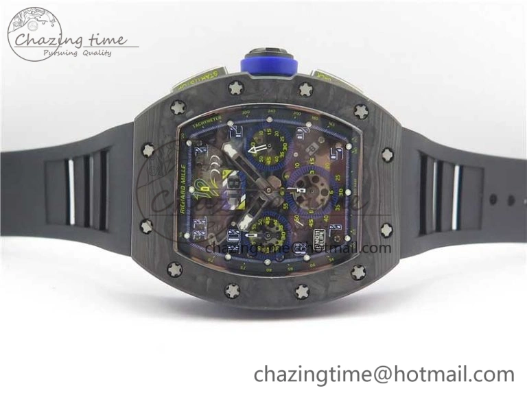 RM011 Titanium Case Carbon Bezel Chronograph KVF 1:1 Best Edition Skeleton Dial Blue Crown on Black Rubber Strap A7750 V2