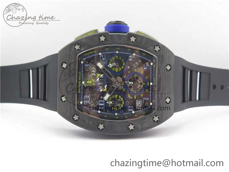 RM011 Titanium Case Carbon Bezel Chronograph KVF 1:1 Best Edition Skeleton Dial Blue Crown on Black Rubber Strap A7750 V2