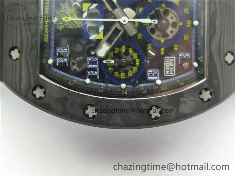 RM011 Titanium Case Carbon Bezel Chronograph KVF 1:1 Best Edition Skeleton Dial Blue Crown on Black Rubber Strap A7750 V2