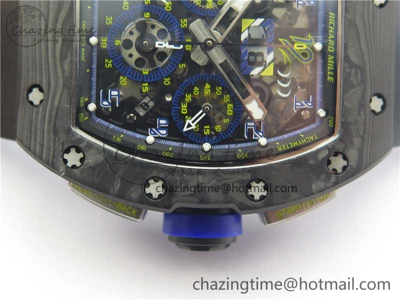 RM011 Titanium Case Carbon Bezel Chronograph KVF 1:1 Best Edition Skeleton Dial Blue Crown on Black Rubber Strap A7750 V2
