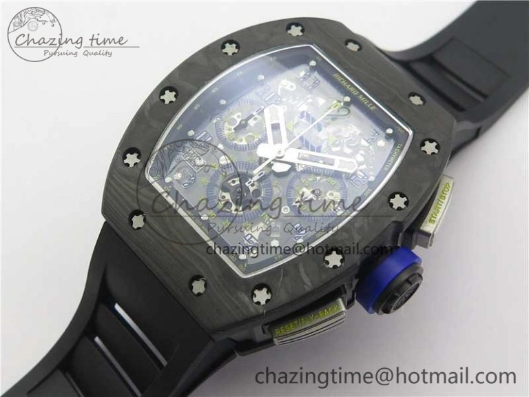 RM011 Titanium Case Carbon Bezel Chronograph KVF 1:1 Best Edition Skeleton Dial Blue Crown on Black Rubber Strap A7750 V2