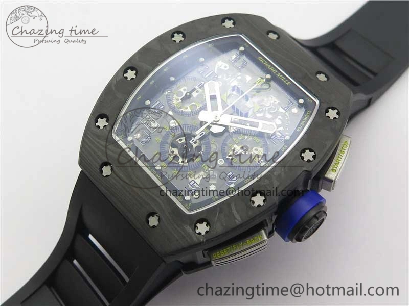 RM011 Titanium Case Carbon Bezel Chronograph KVF 1:1 Best Edition Skeleton Dial Blue Crown on Black Rubber Strap A7750 V2