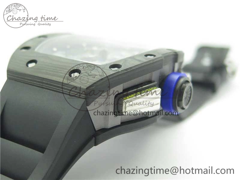 RM011 Titanium Case Carbon Bezel Chronograph KVF 1:1 Best Edition Skeleton Dial Blue Crown on Black Rubber Strap A7750 V2