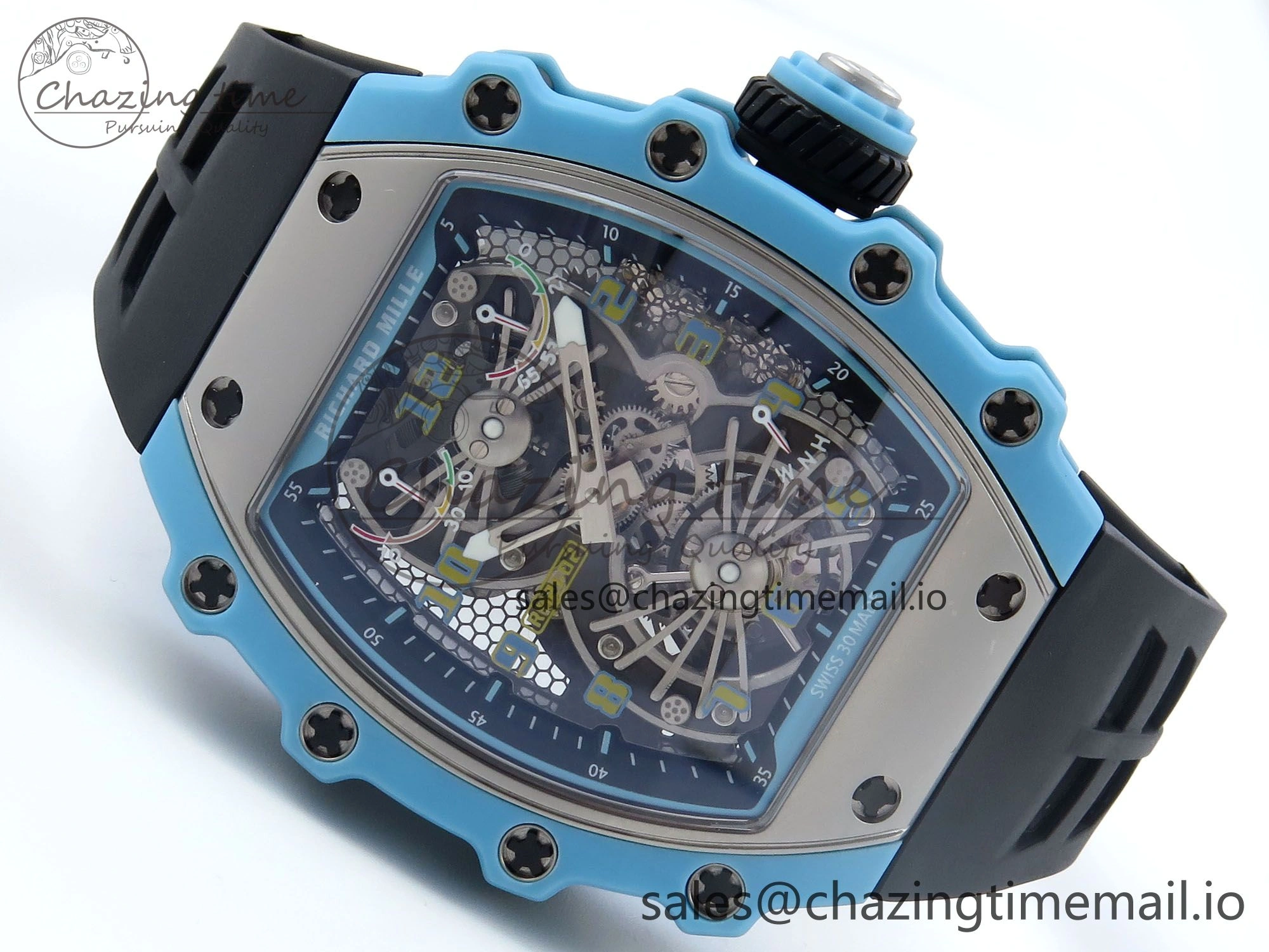 RM021 Tourbillon Blue Quartz Fiber Black Carbon RMF Best Edition on Black Rubber Strap