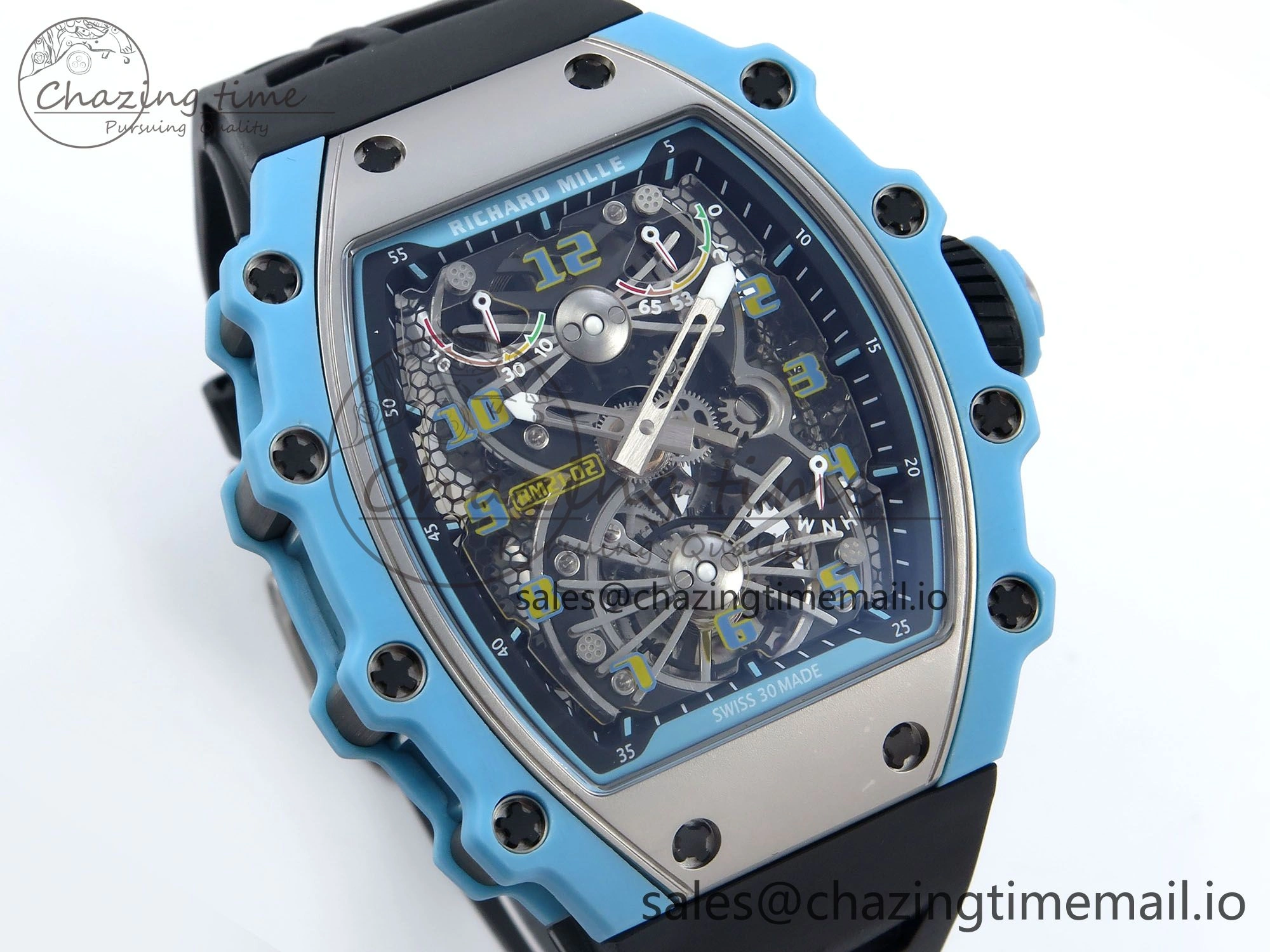 RM021 Tourbillon Blue Quartz Fiber Black Carbon RMF Best Edition on Black Rubber Strap