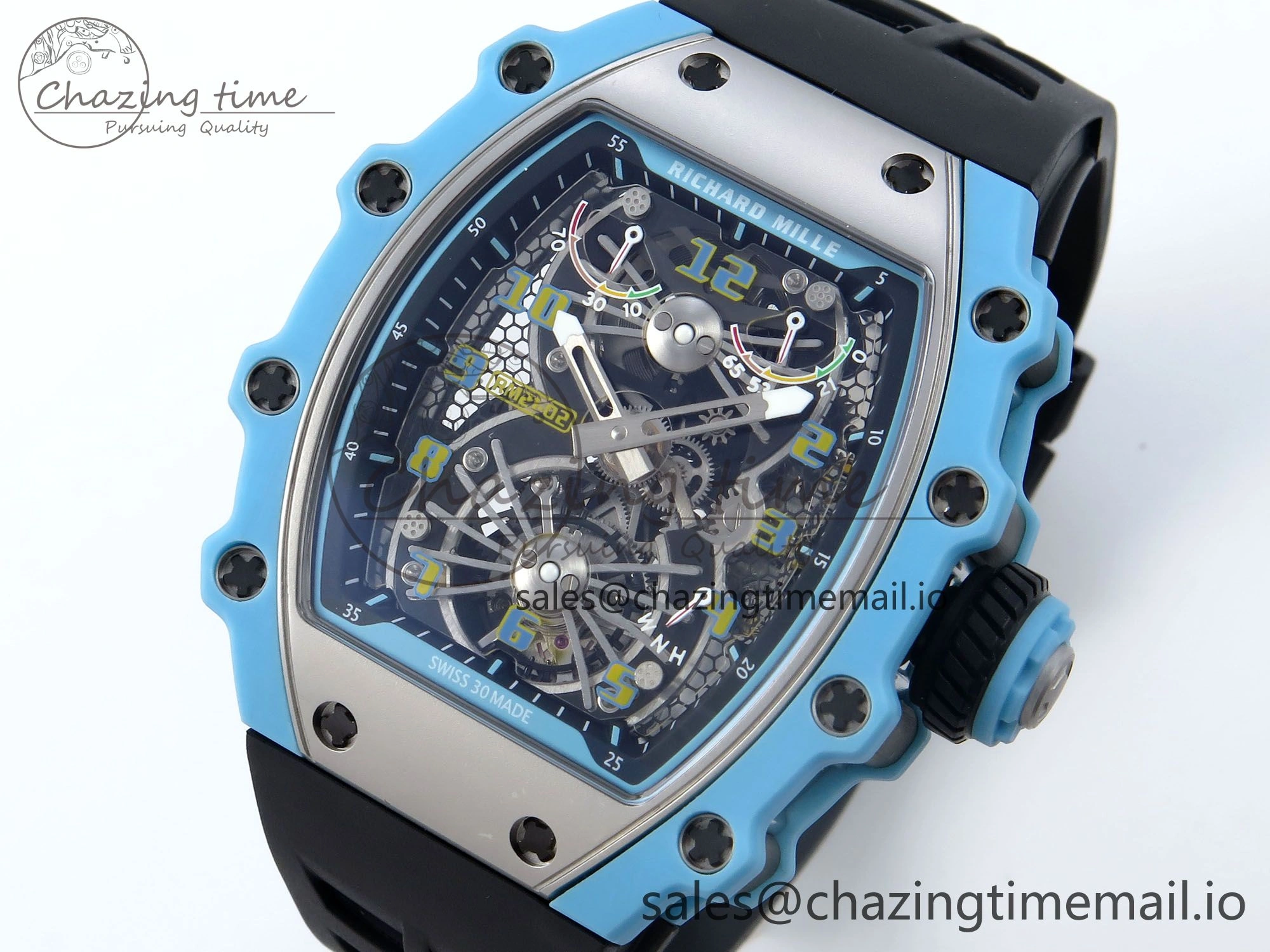 RM021 Tourbillon Blue Quartz Fiber Black Carbon RMF Best Edition on Black Rubber Strap