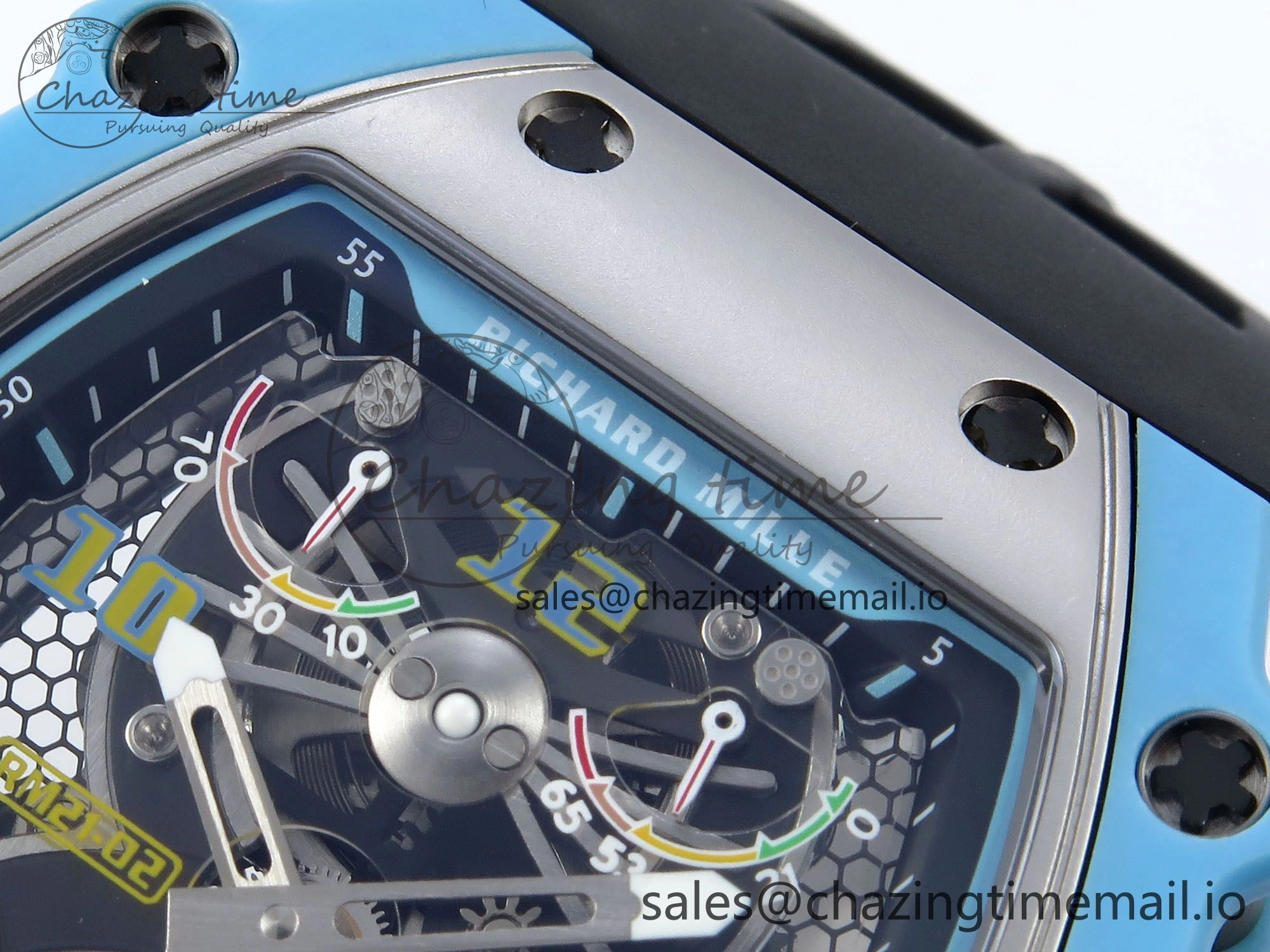 RM021 Tourbillon Blue Quartz Fiber Black Carbon RMF Best Edition on Black Rubber Strap