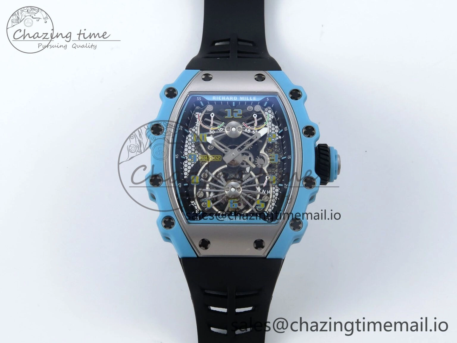 RM021 Tourbillon Blue Quartz Fiber Black Carbon RMF Best Edition on Black Rubber Strap