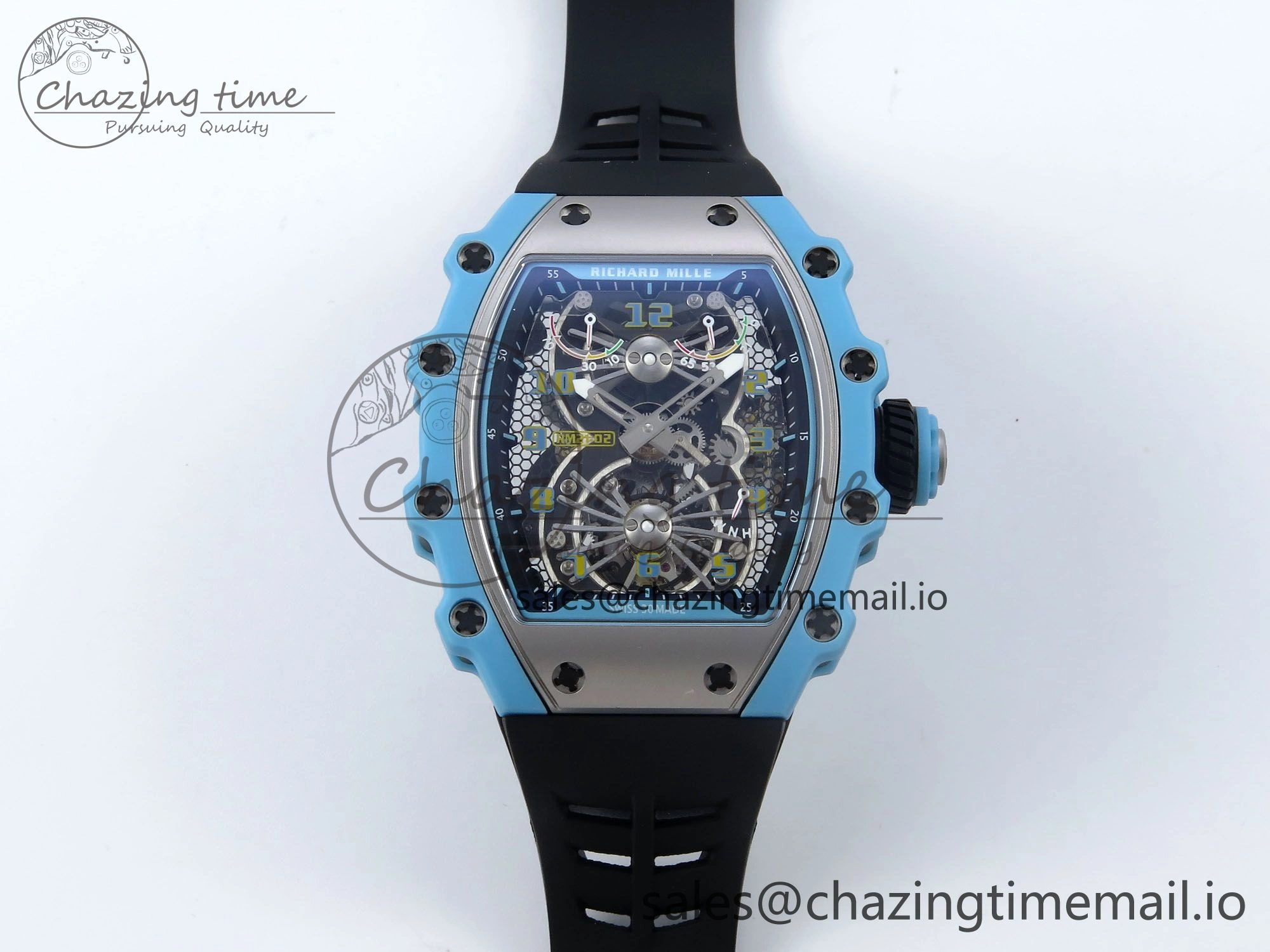 RM021 Tourbillon Blue Quartz Fiber Black Carbon RMF Best Edition on Black Rubber Strap