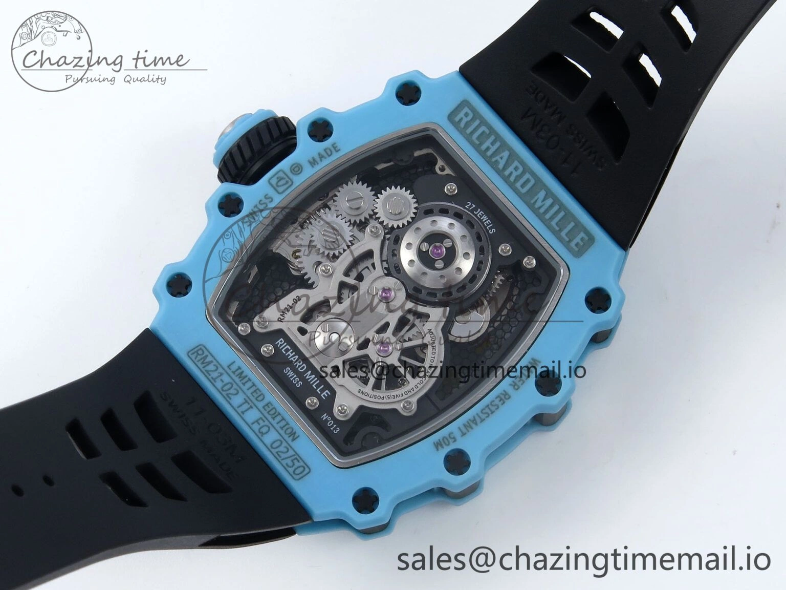 RM021 Tourbillon Blue Quartz Fiber Black Carbon RMF Best Edition on Black Rubber Strap