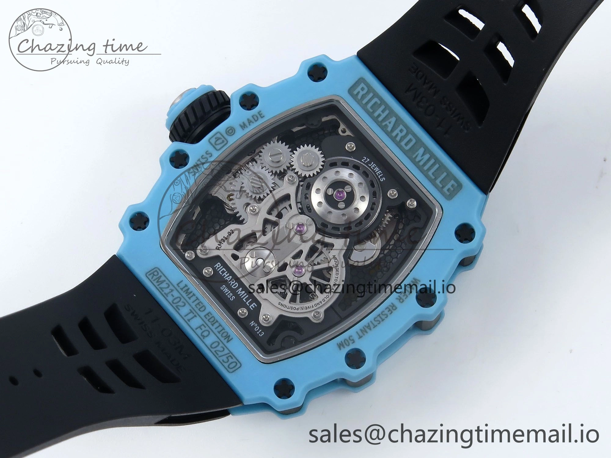 RM021 Tourbillon Blue Quartz Fiber Black Carbon RMF Best Edition on Black Rubber Strap