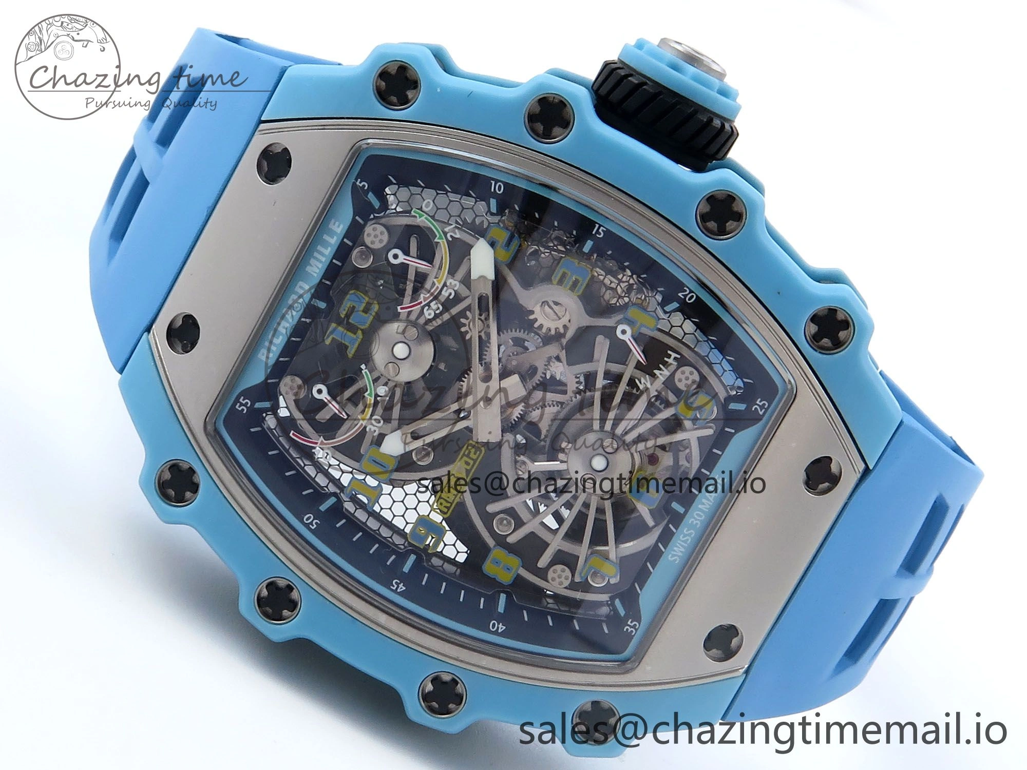 RM021 Tourbillon Blue Quartz Fiber Black Carbon RMF Best Edition on Blue Rubber Strap