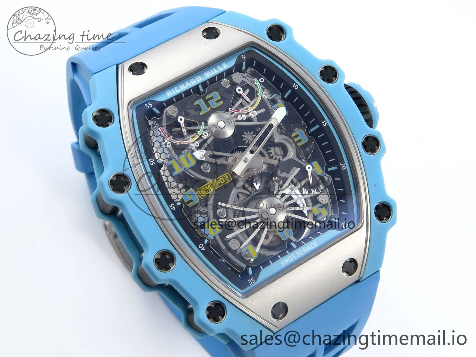 RM021 Tourbillon Blue Quartz Fiber Black Carbon RMF Best Edition on Blue Rubber Strap
