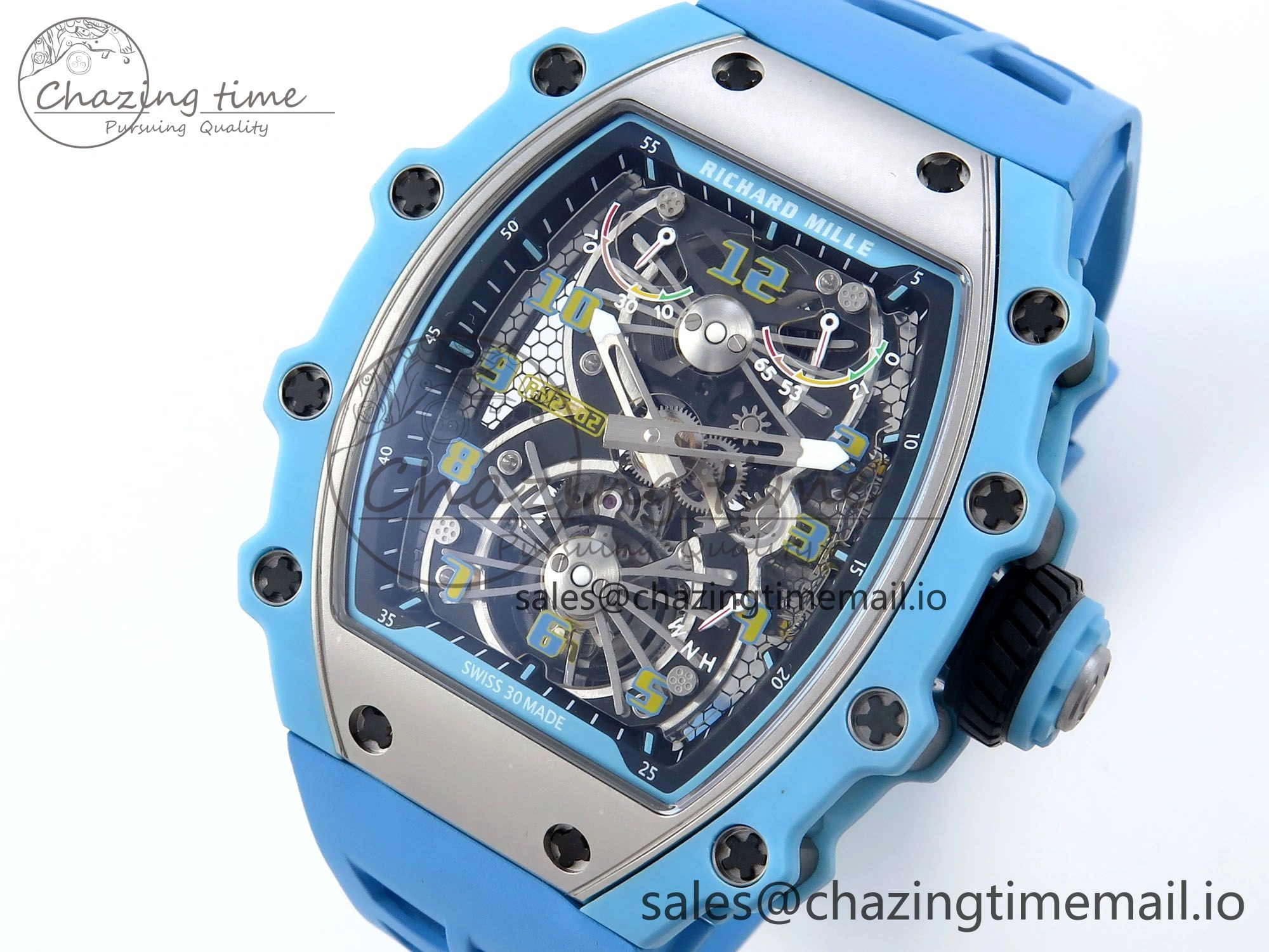 RM021 Tourbillon Blue Quartz Fiber Black Carbon RMF Best Edition on Blue Rubber Strap