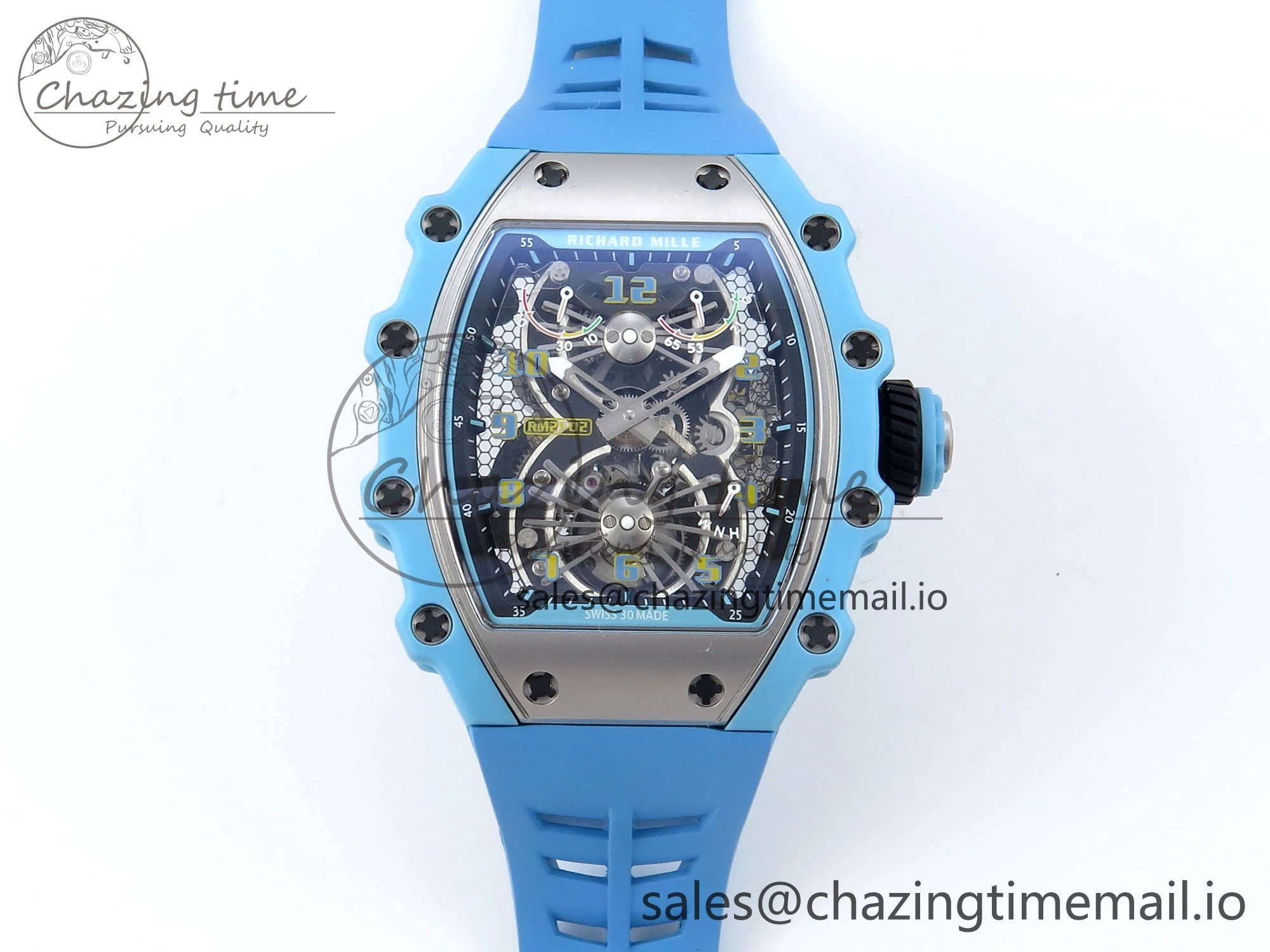 RM021 Tourbillon Blue Quartz Fiber Black Carbon RMF Best Edition on Blue Rubber Strap