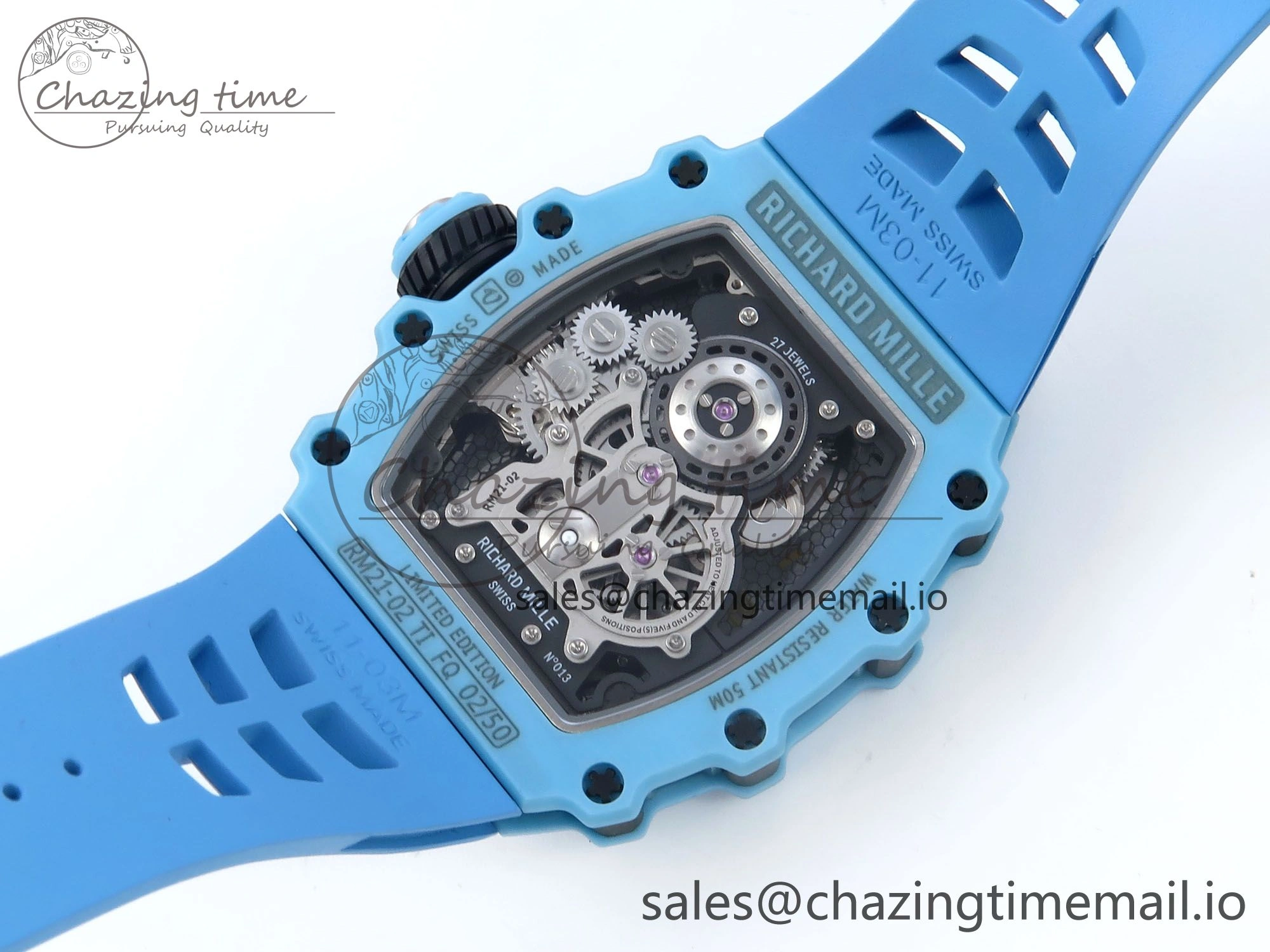 RM021 Tourbillon Blue Quartz Fiber Black Carbon RMF Best Edition on Blue Rubber Strap