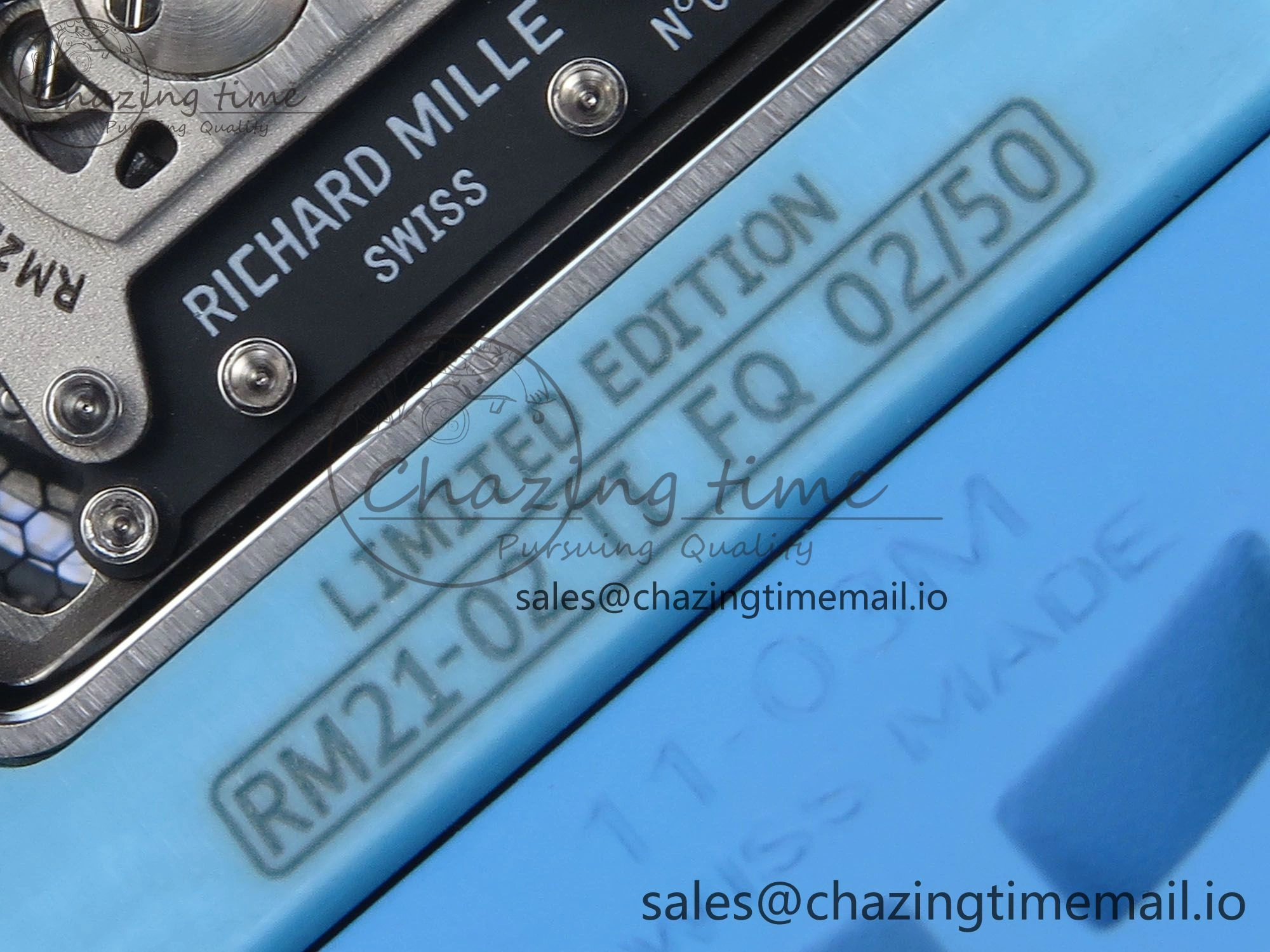 RM021 Tourbillon Blue Quartz Fiber Black Carbon RMF Best Edition on Blue Rubber Strap