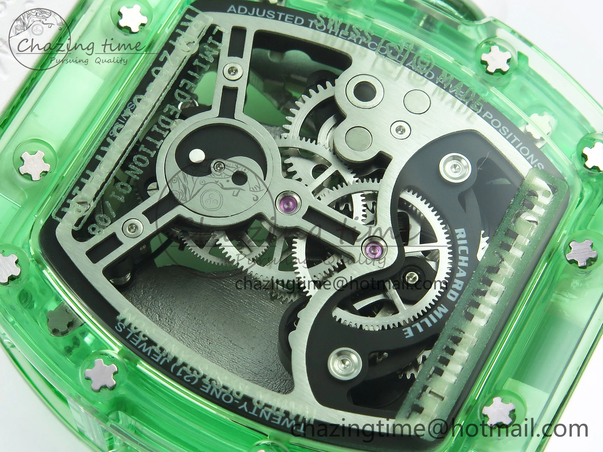 RM026 Green Transparent Tourbillon RM Best Edition Panda Skeleton Dial on Rubber Strap