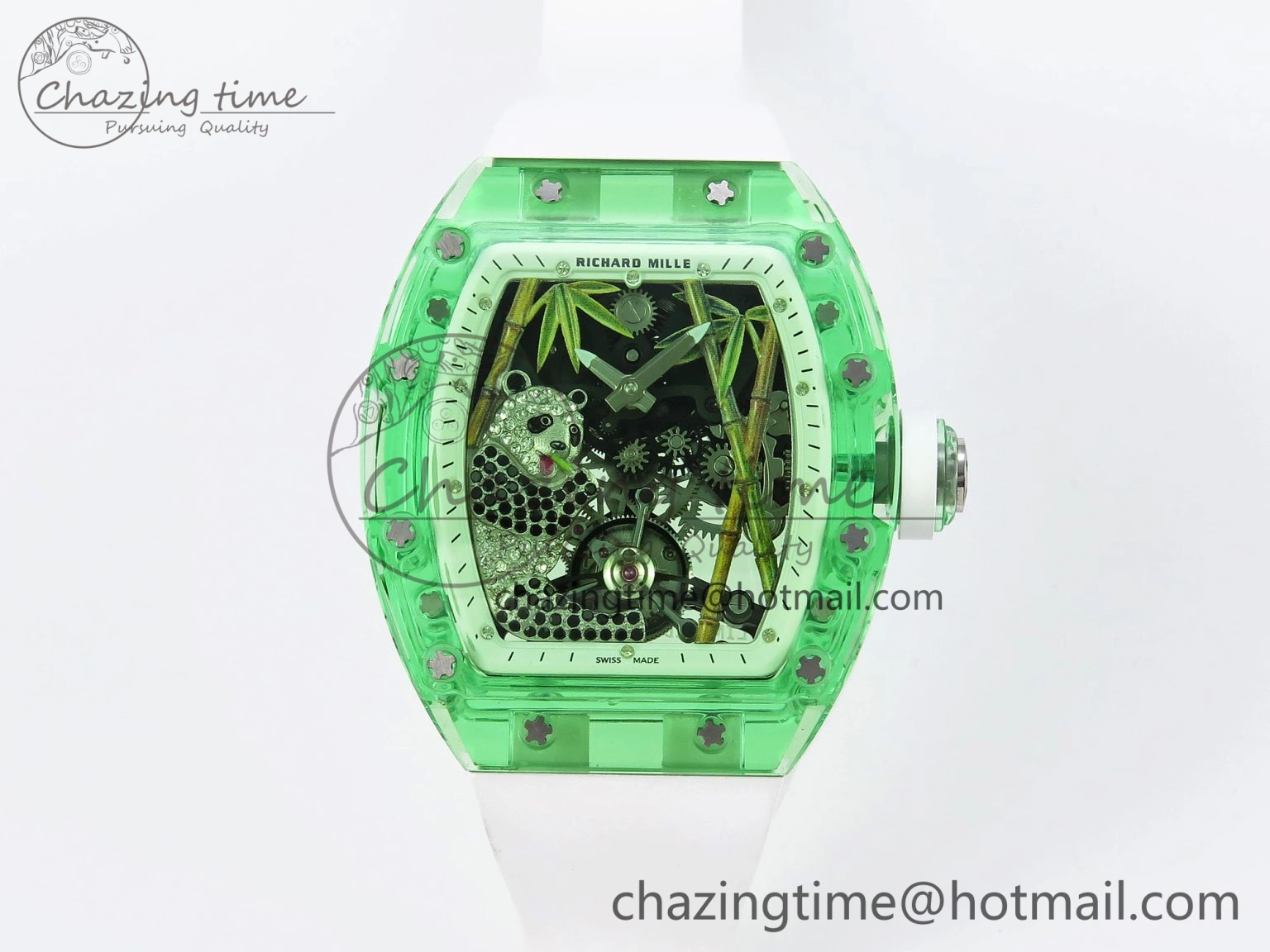 RM026 Green Transparent Tourbillon RM Best Edition Panda Skeleton Dial on Rubber Strap