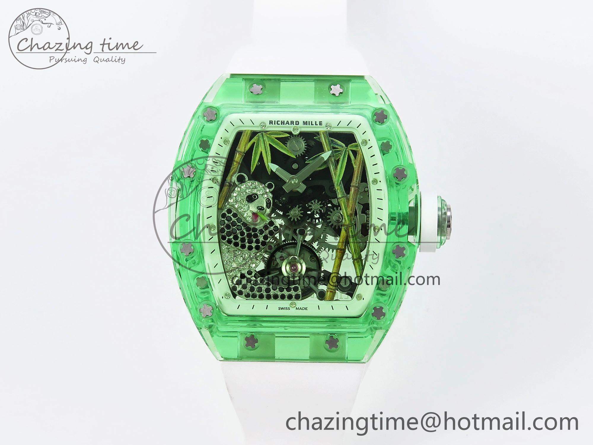 RM026 Green Transparent Tourbillon RM Best Edition Panda Skeleton Dial on Rubber Strap