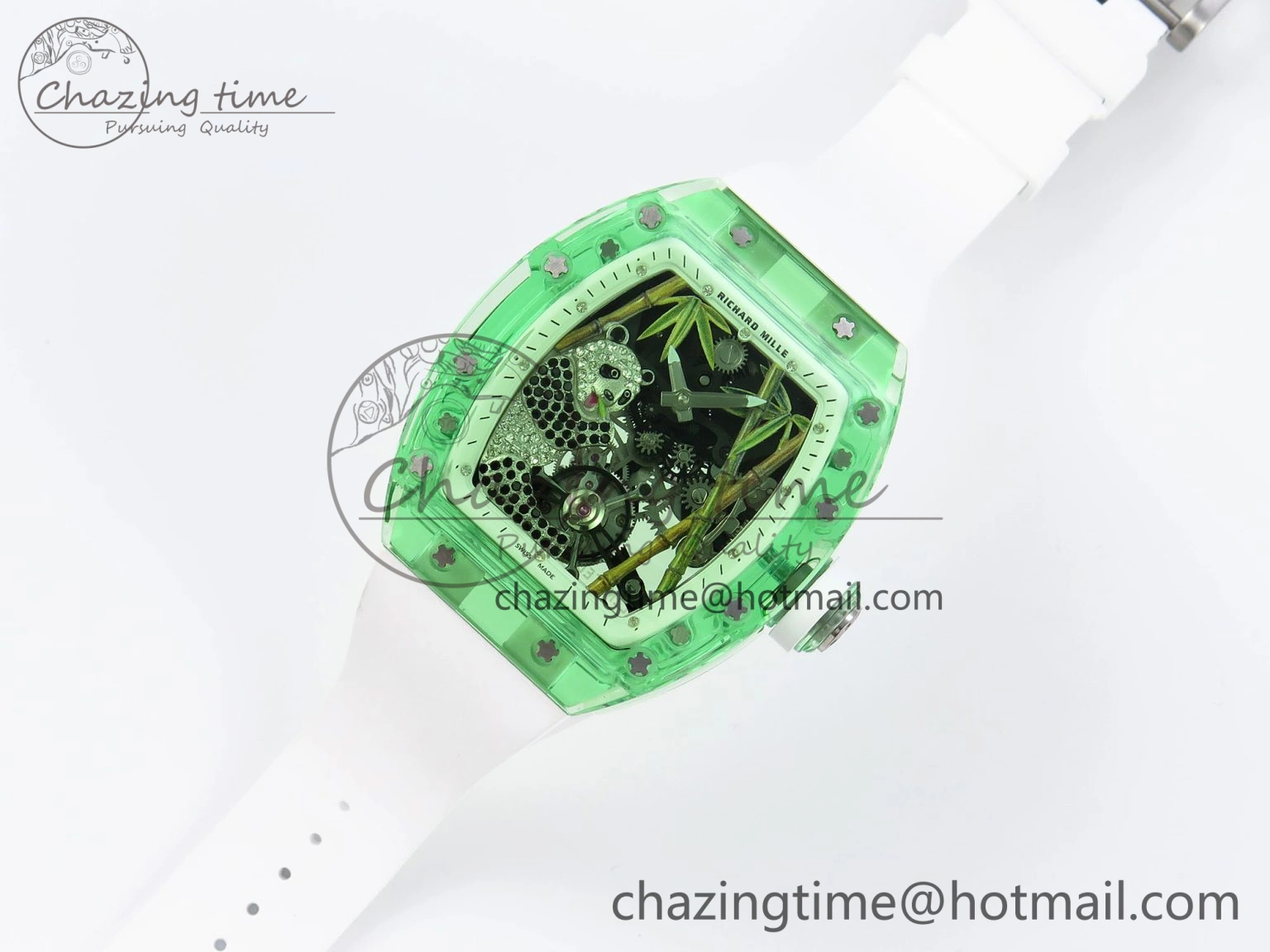 RM026 Green Transparent Tourbillon RM Best Edition Panda Skeleton Dial on Rubber Strap