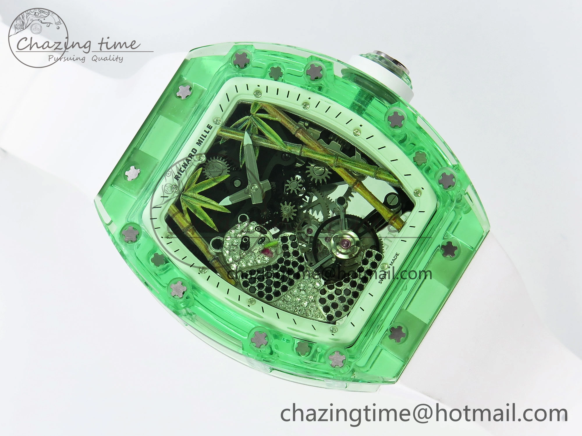 RM026 Green Transparent Tourbillon RM Best Edition Panda Skeleton Dial on Rubber Strap