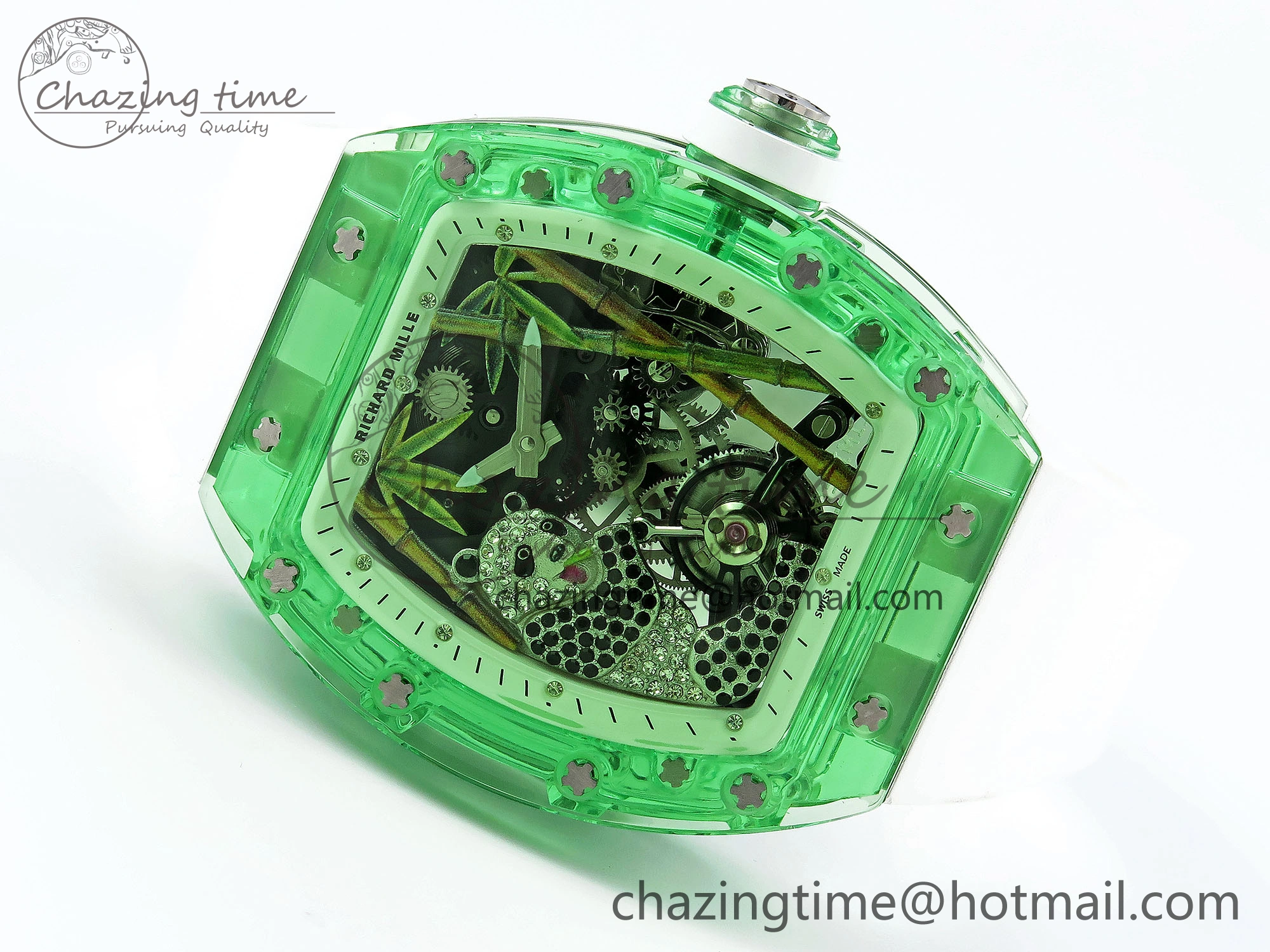 RM026 Green Transparent Tourbillon RM Best Edition Panda Skeleton Dial on Rubber Strap