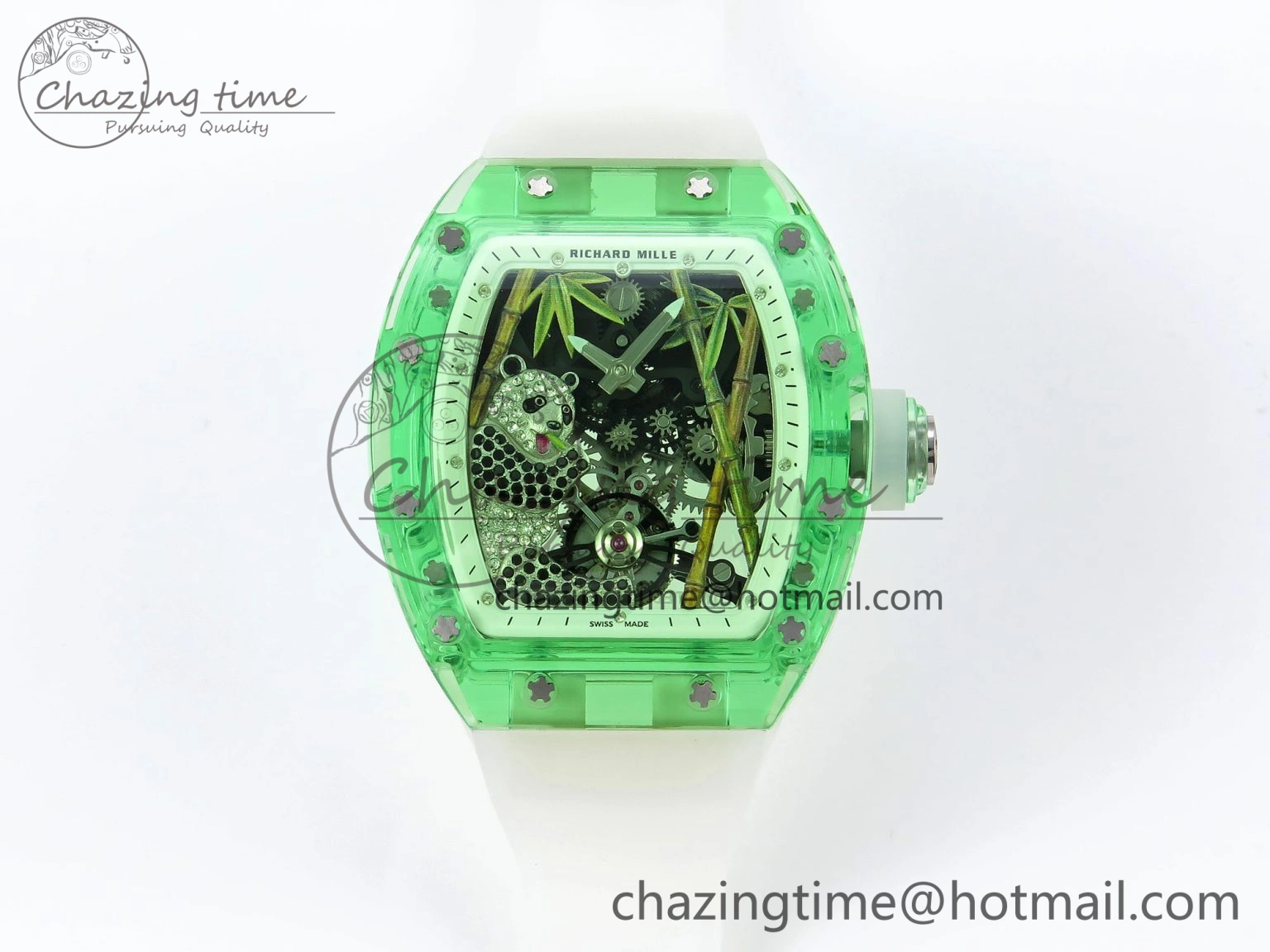 RM026 Green Transparent Tourbillon RM Best Edition Panda Skeleton Dial on Translucent Rubber Strap