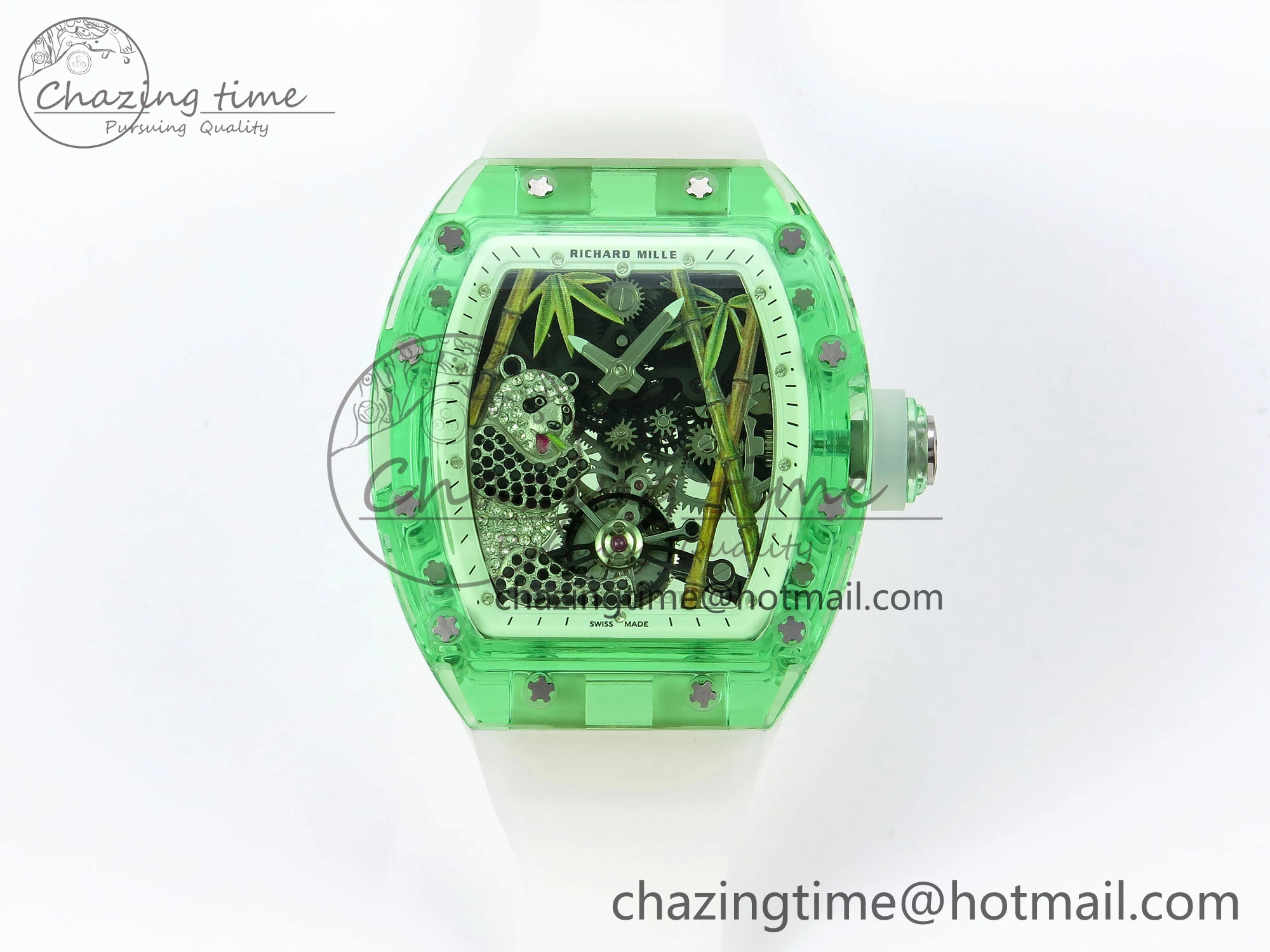 RM026 Green Transparent Tourbillon RM Best Edition Panda Skeleton Dial on Translucent Rubber Strap