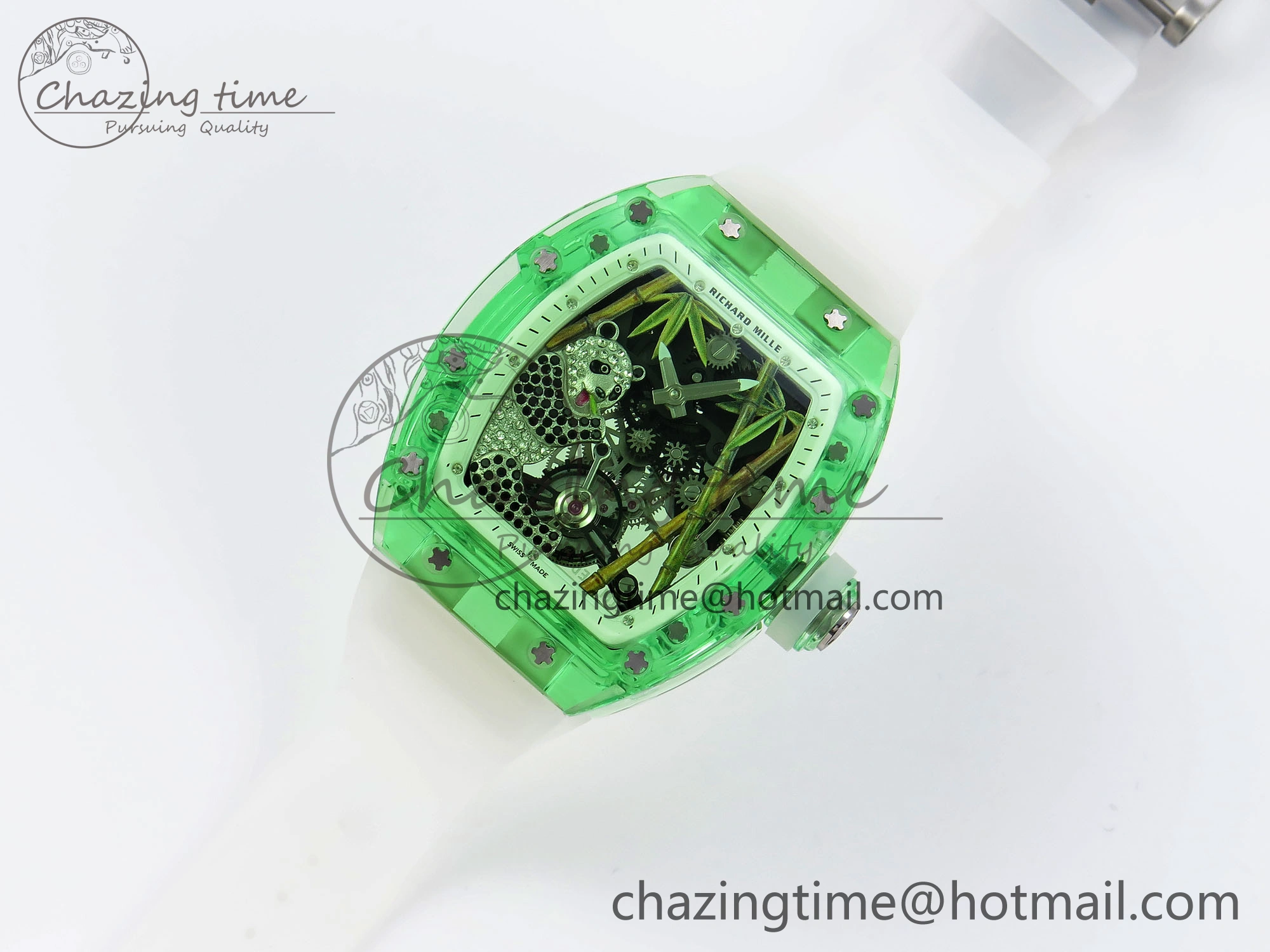 RM026 Green Transparent Tourbillon RM Best Edition Panda Skeleton Dial on Translucent Rubber Strap