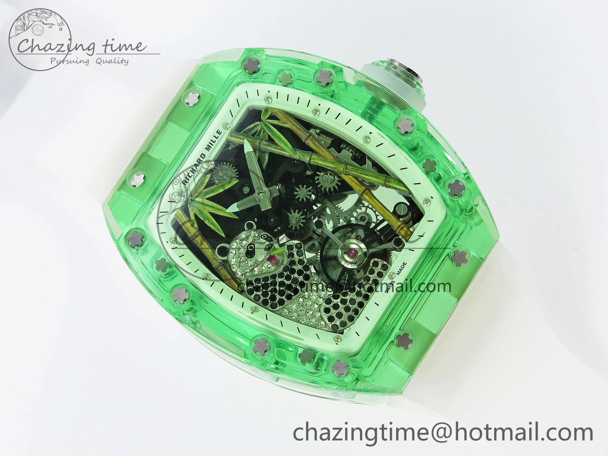 RM026 Green Transparent Tourbillon RM Best Edition Panda Skeleton Dial on Translucent Rubber Strap