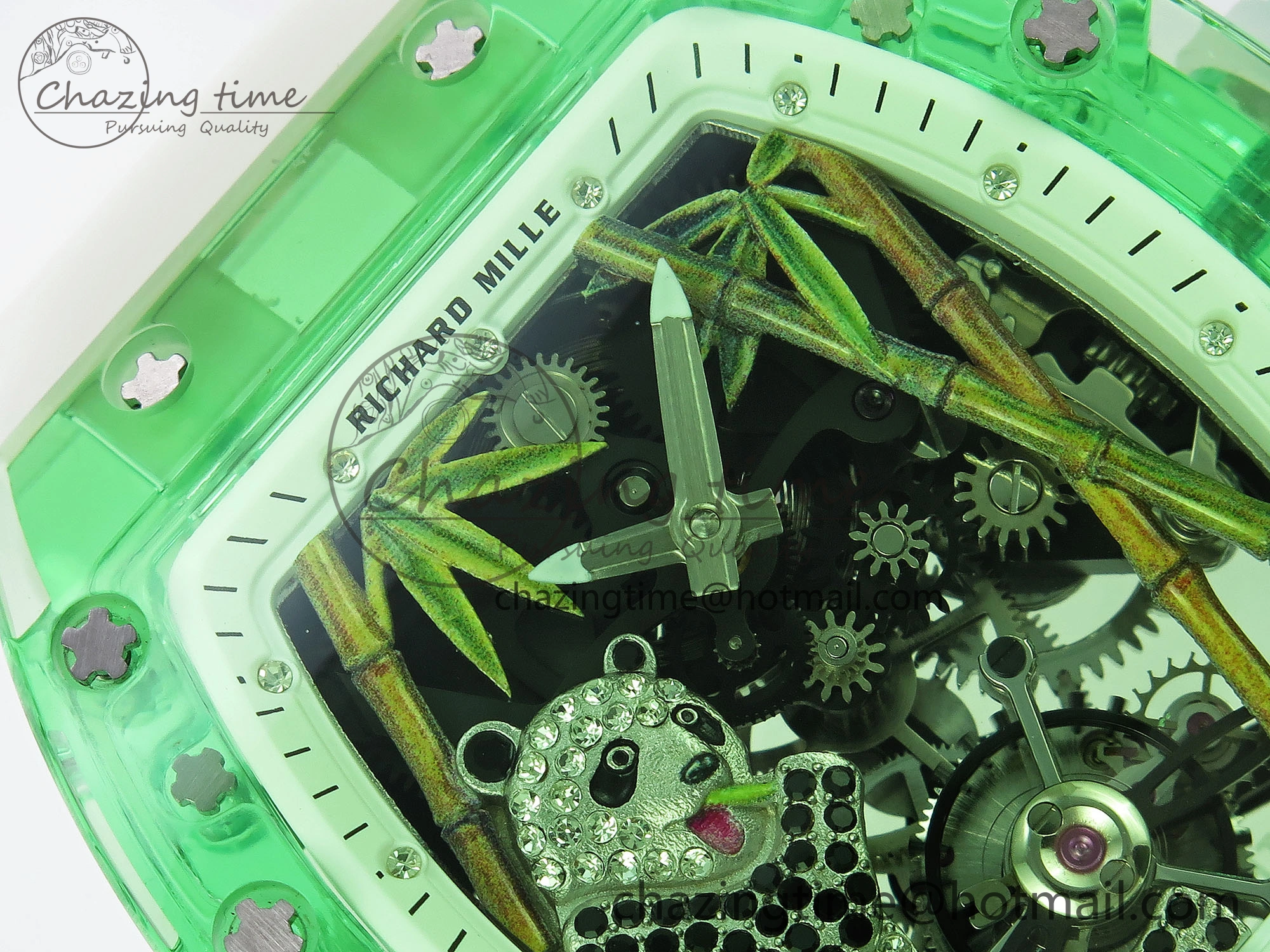 RM026 Green Transparent Tourbillon RM Best Edition Panda Skeleton Dial on Translucent Rubber Strap