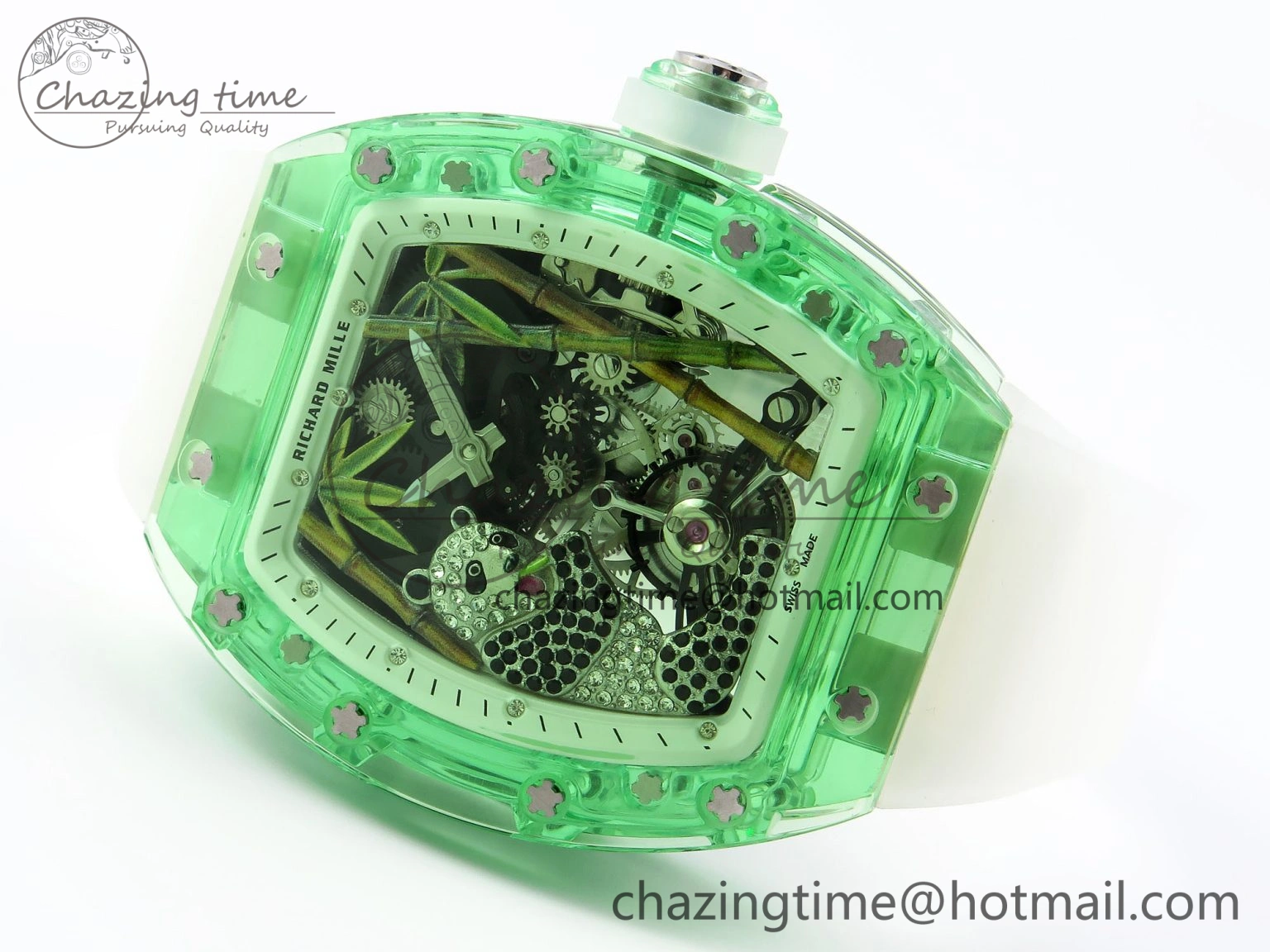 RM026 Green Transparent Tourbillon RM Best Edition Panda Skeleton Dial on Translucent Rubber Strap