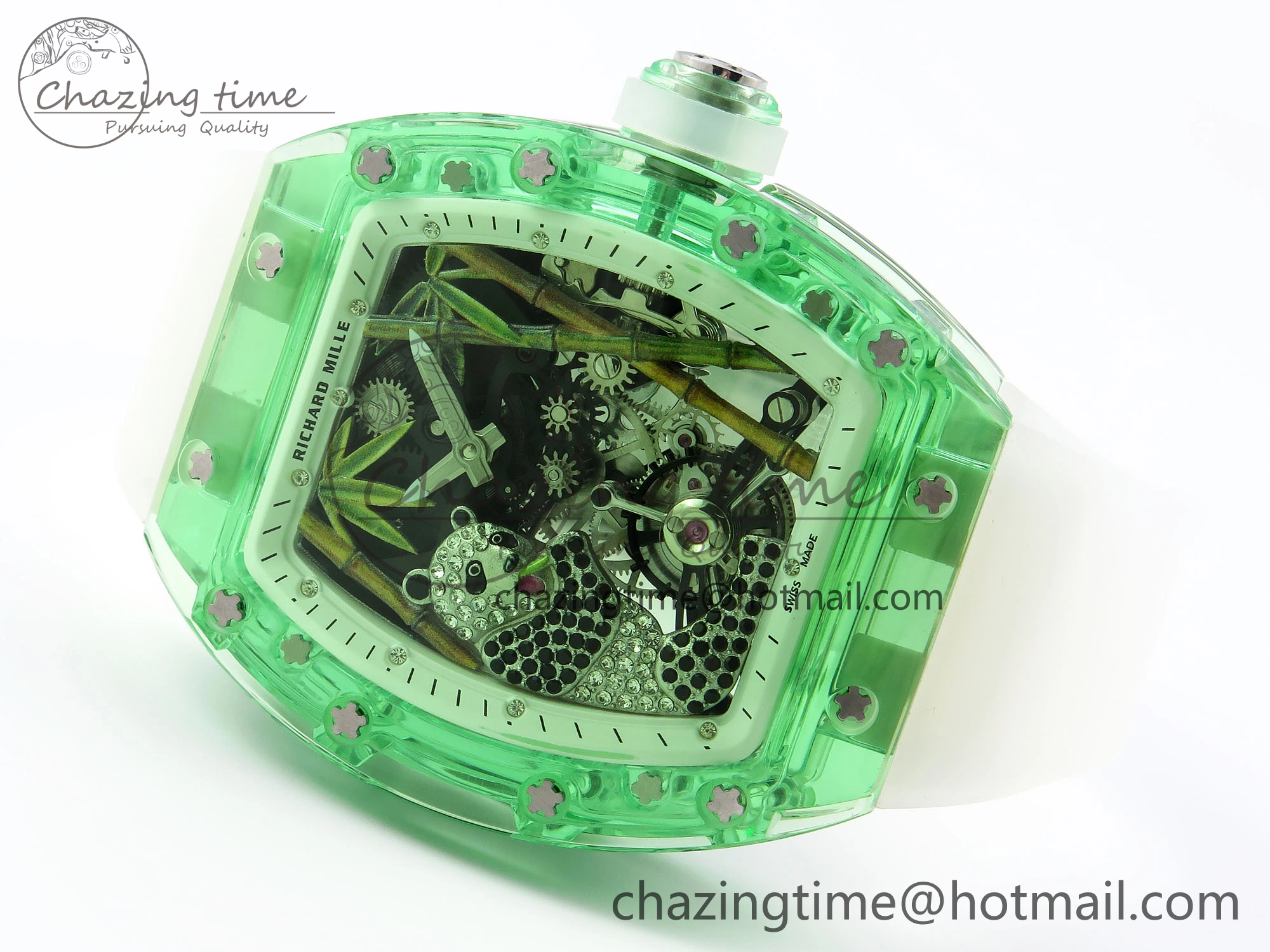 RM026 Green Transparent Tourbillon RM Best Edition Panda Skeleton Dial on Translucent Rubber Strap
