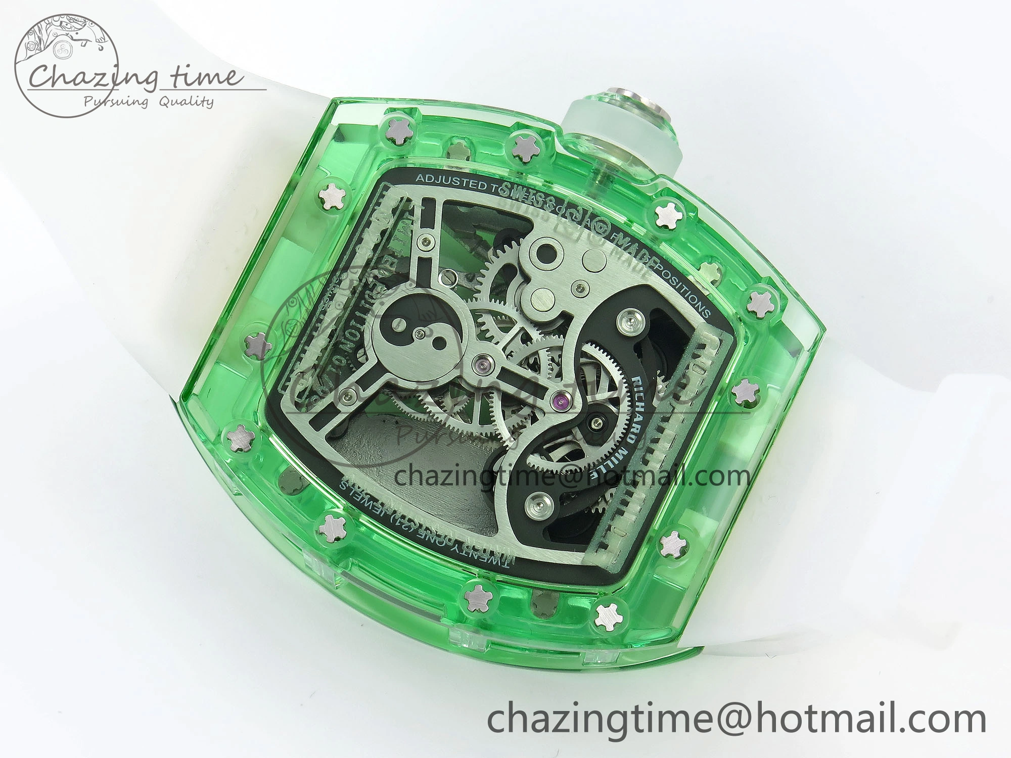 RM026 Green Transparent Tourbillon RM Best Edition Panda Skeleton Dial on Translucent Rubber Strap