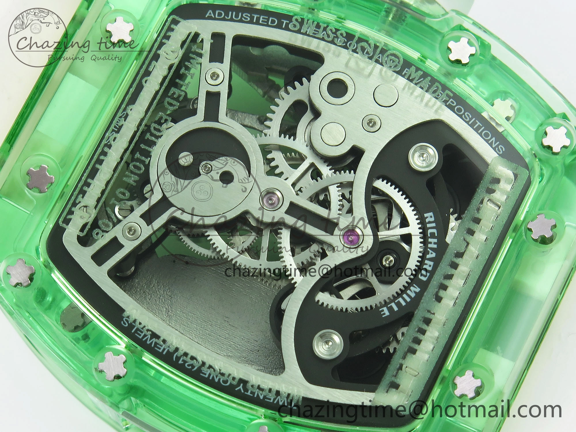 RM026 Green Transparent Tourbillon RM Best Edition Panda Skeleton Dial on Translucent Rubber Strap