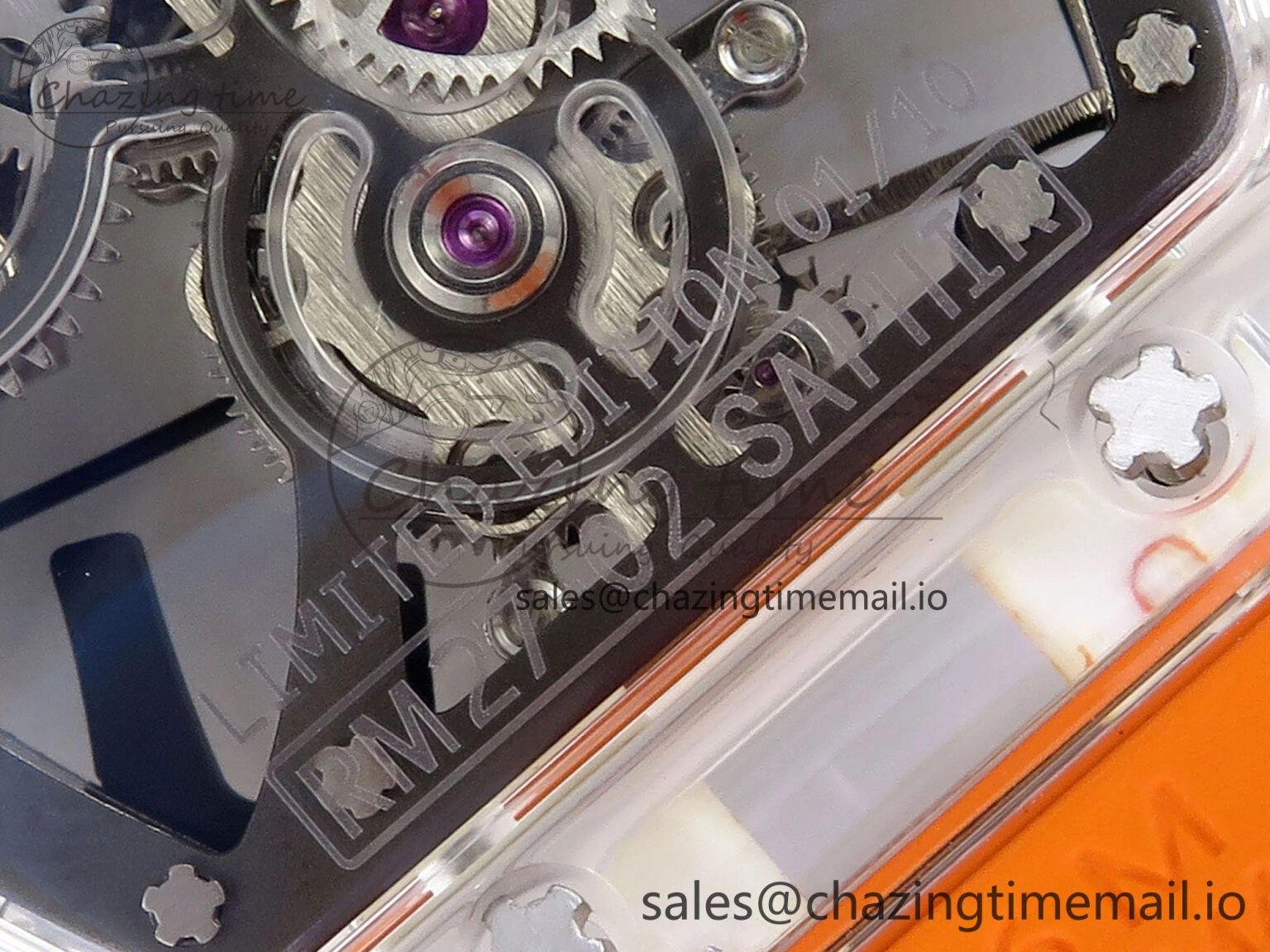 RM027-02 Transparent Tourbillon RMF Best Edition Skeleton Dial on Orange Rubber Strap