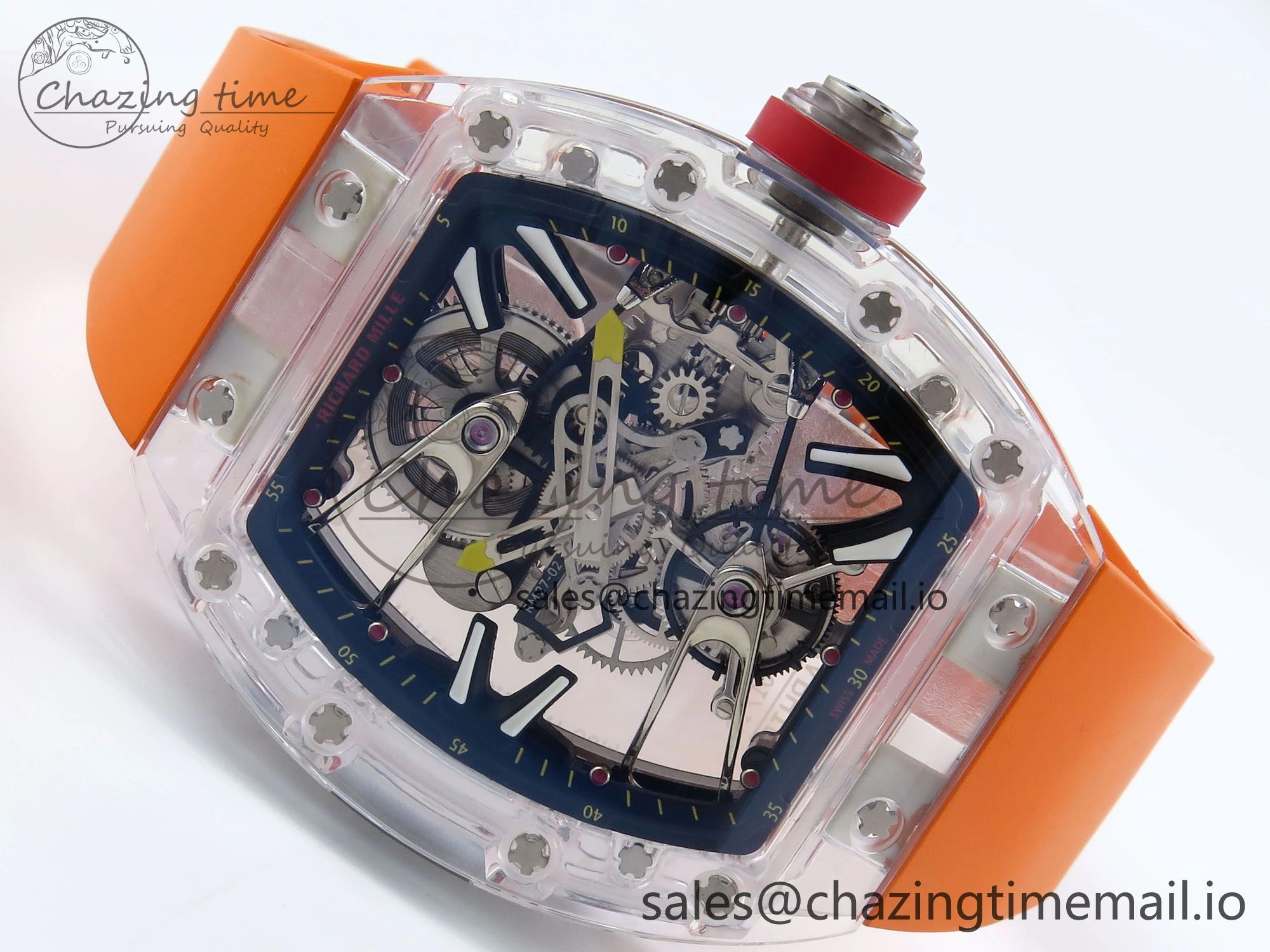 RM027-02 Transparent Tourbillon RMF Best Edition Skeleton Dial on Orange Rubber Strap