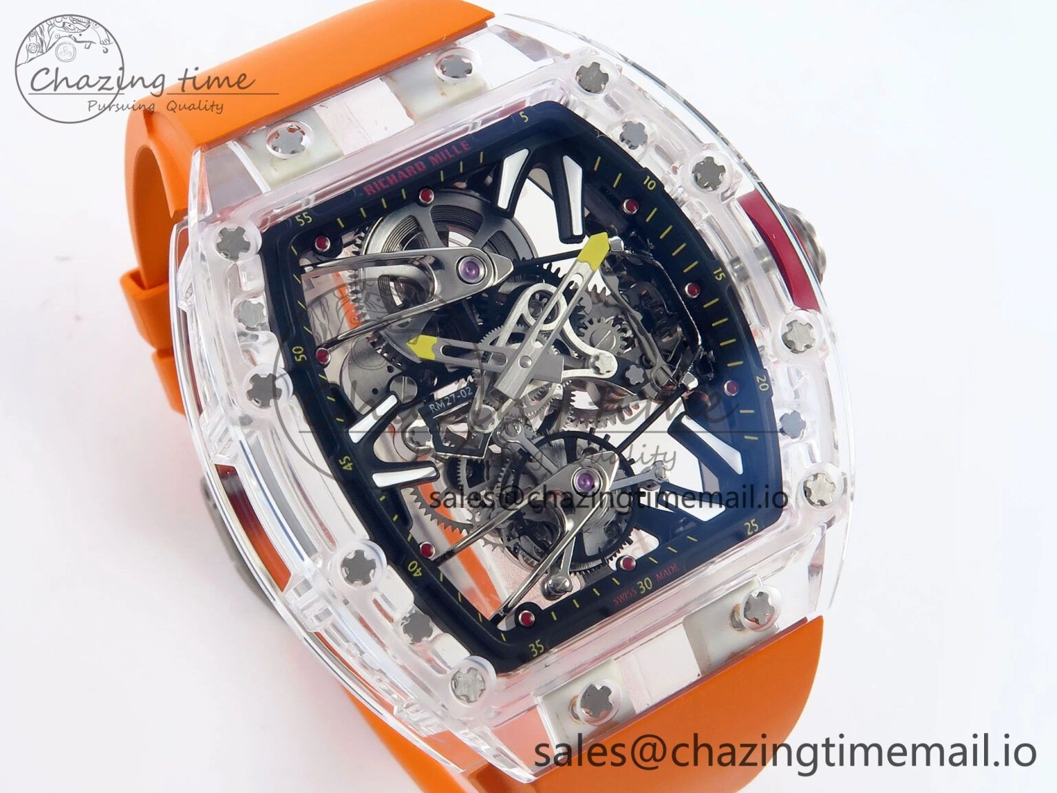 RM027-02 Transparent Tourbillon RMF Best Edition Skeleton Dial on Orange Rubber Strap