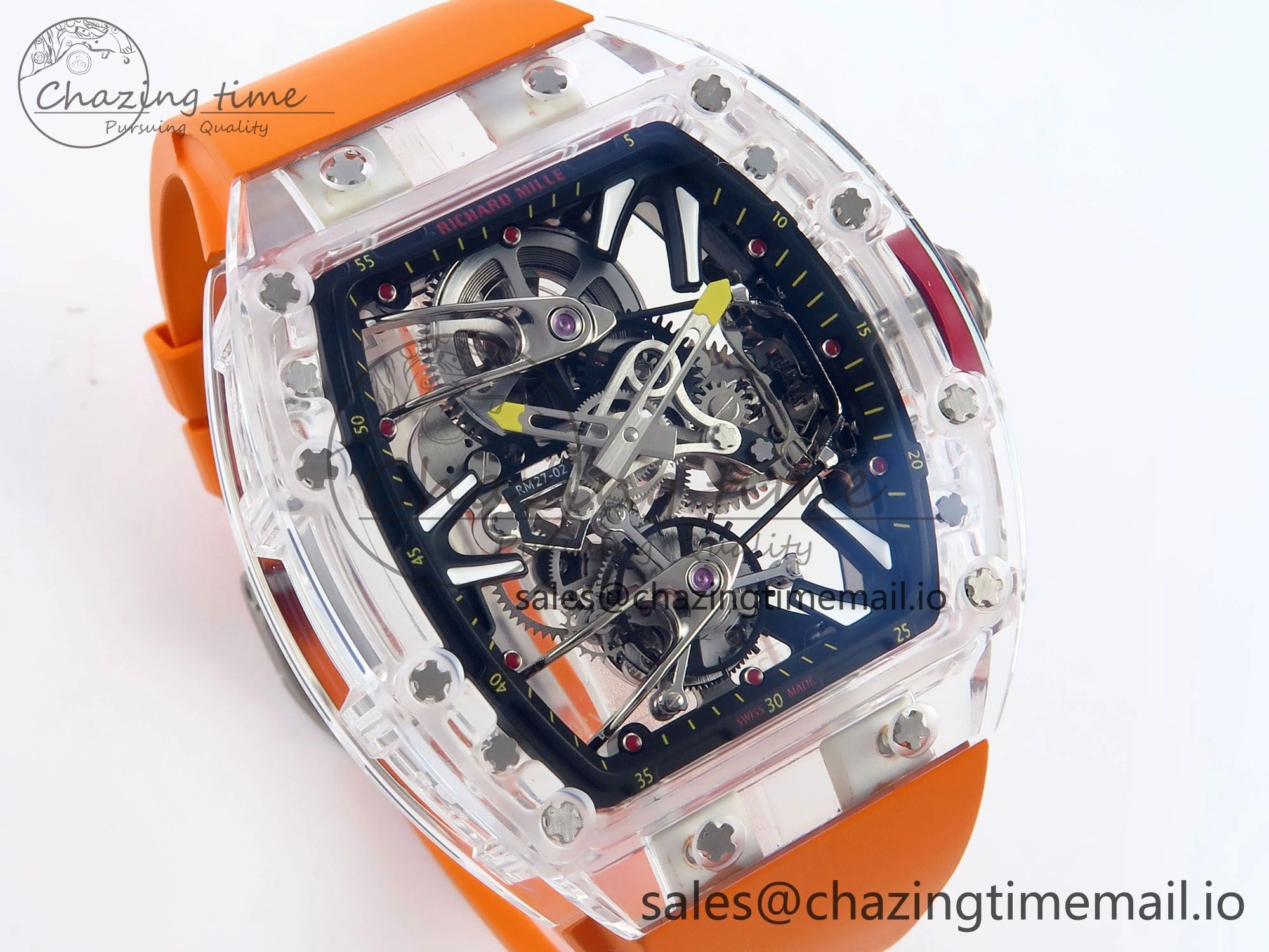 RM027-02 Transparent Tourbillon RMF Best Edition Skeleton Dial on Orange Rubber Strap