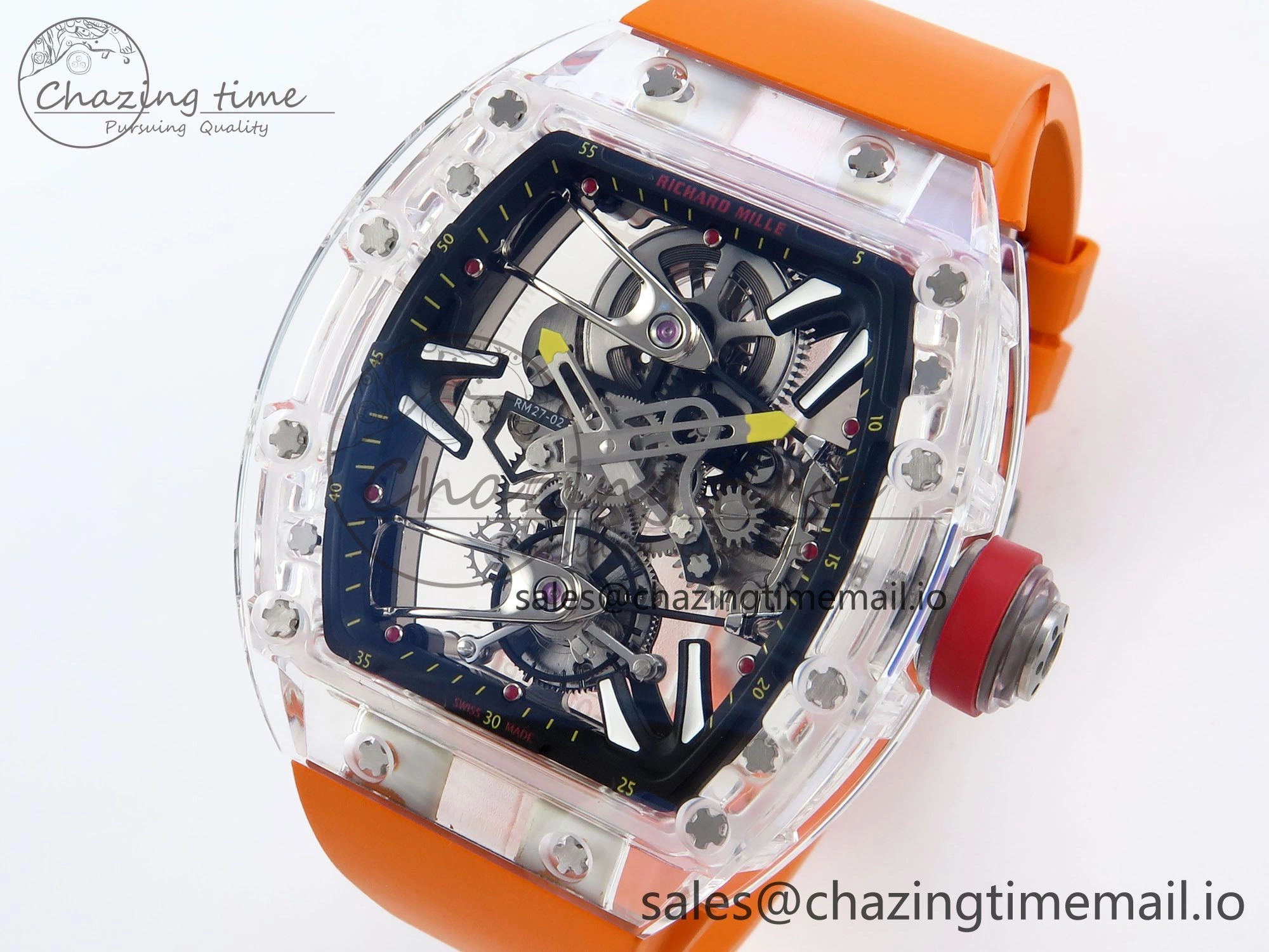 RM027-02 Transparent Tourbillon RMF Best Edition Skeleton Dial on Orange Rubber Strap