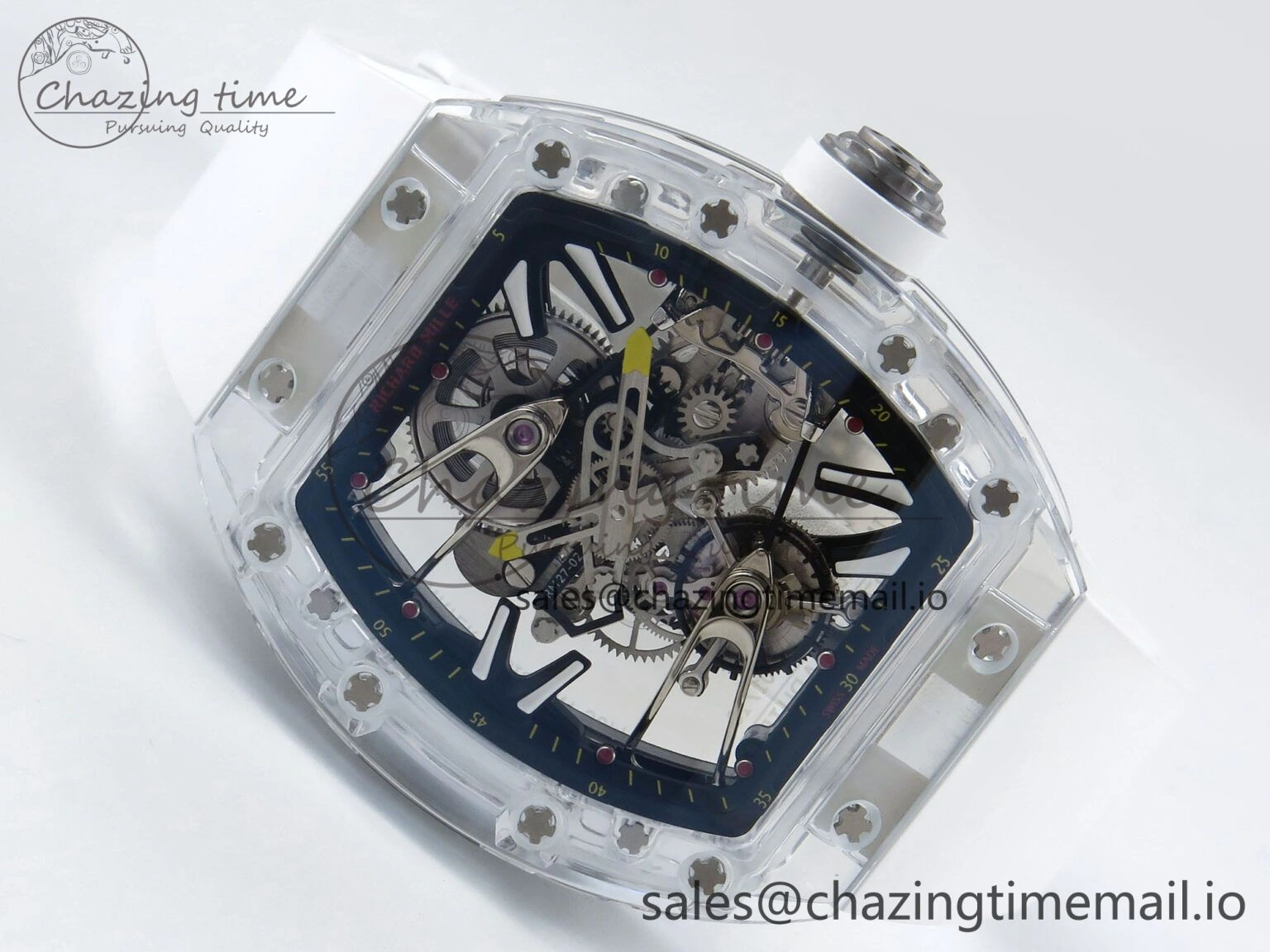 RM027-02 Transparent Tourbillon RMF Best Edition Skeleton Dial on White Rubber Strap
