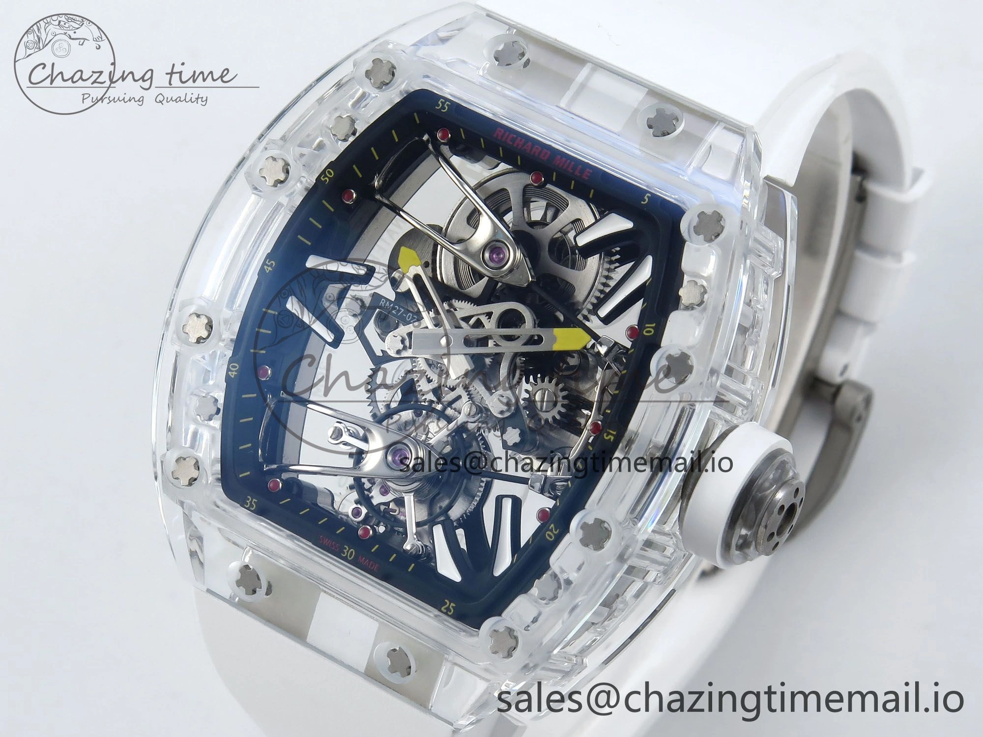 RM027-02 Transparent Tourbillon RMF Best Edition Skeleton Dial on White Rubber Strap