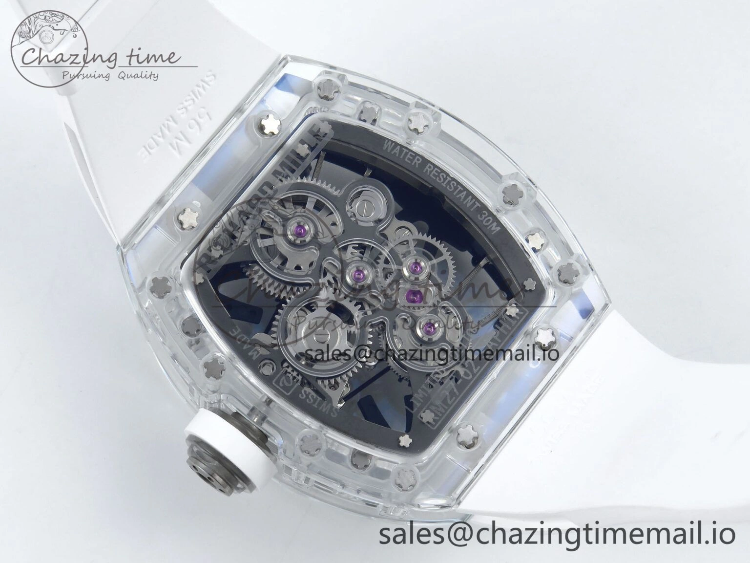 RM027-02 Transparent Tourbillon RMF Best Edition Skeleton Dial on White Rubber Strap