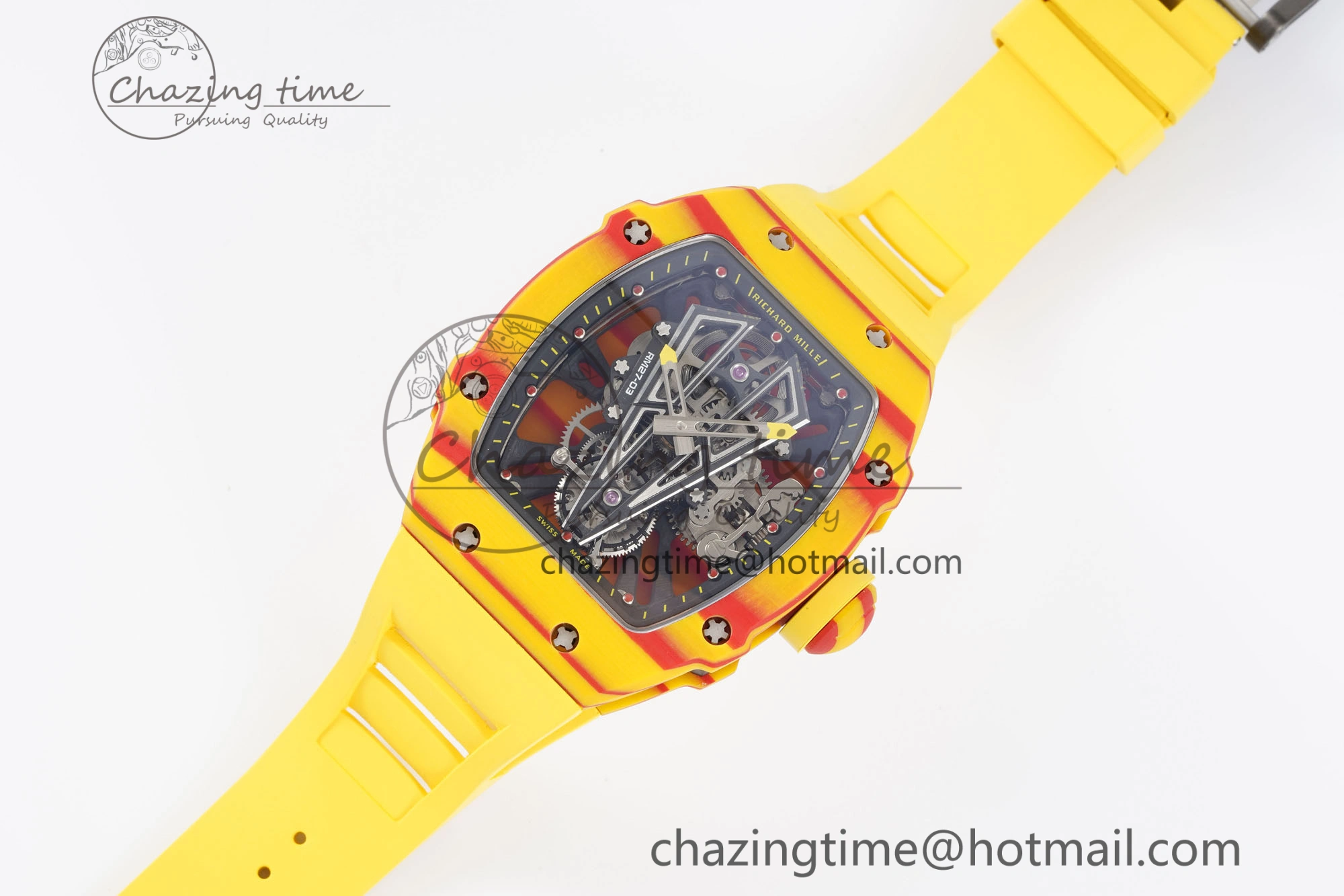 RM027-03 Real Tourbillon RMF Best Edition Orange Red Carbon Skeleton Dial on Yellow Rubber Strap