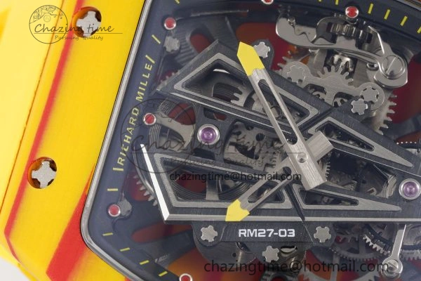 RM027-03 Real Tourbillon RMF Best Edition Orange Red Carbon Skeleton Dial on Yellow Rubber Strap