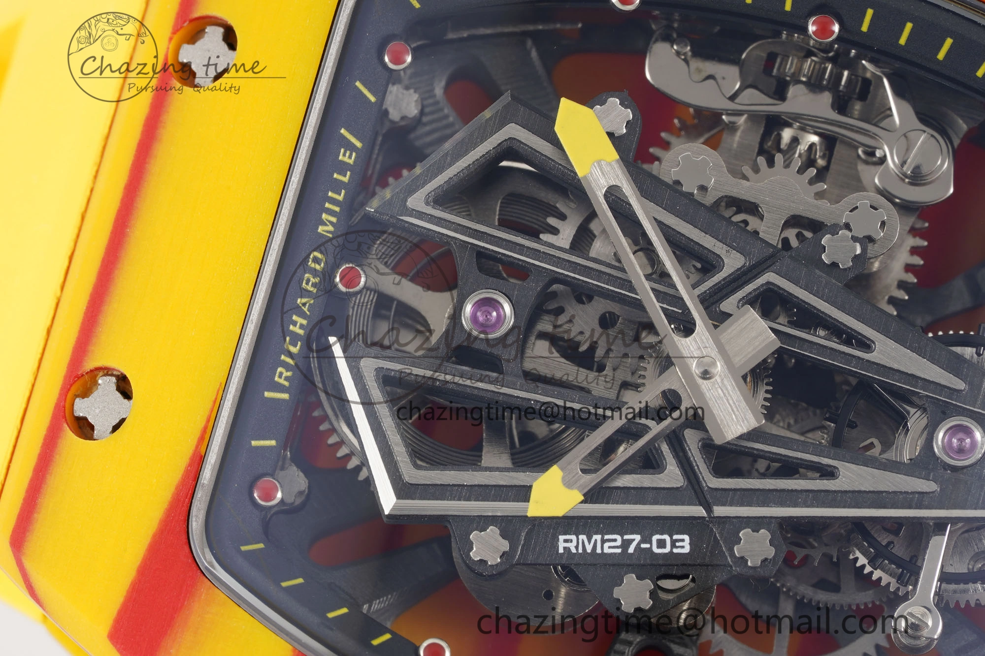 RM027-03 Real Tourbillon RMF Best Edition Orange Red Carbon Skeleton Dial on Yellow Rubber Strap