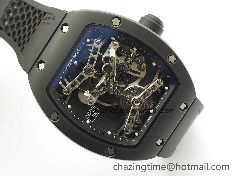 RM027 Titanium DLC Real Tourbillon EURF Best Edition Skeleton Dial on Black Rubber Strap