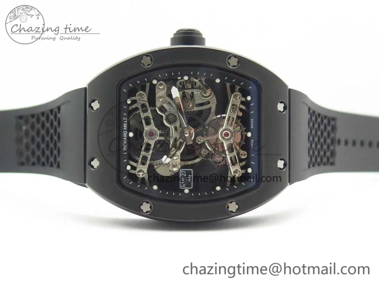 RM027 Titanium DLC Real Tourbillon EURF Best Edition Skeleton Dial on Black Rubber Strap